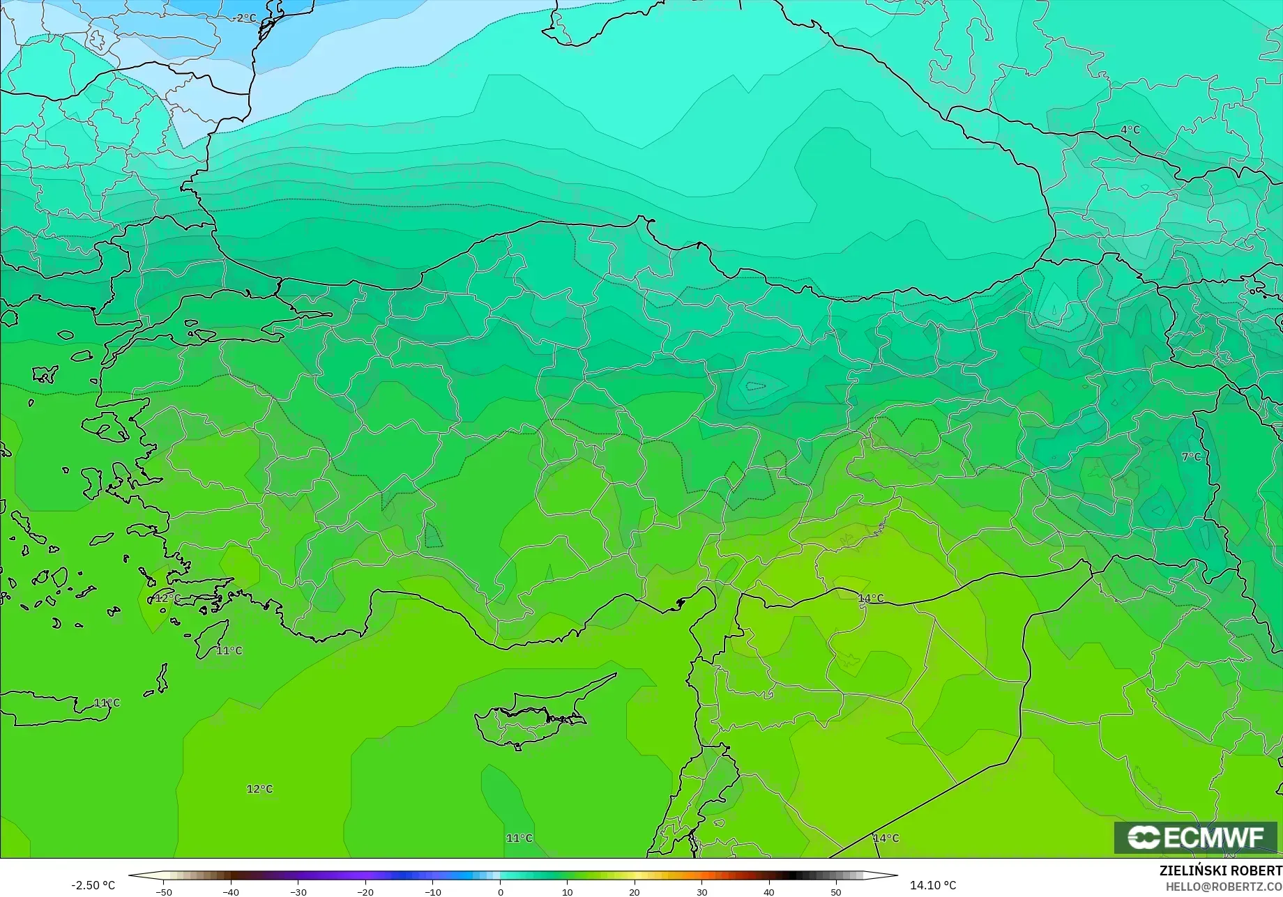 ECMWF IFS 0.25° model - Türkiye, 850 hPa Sıcaklık
