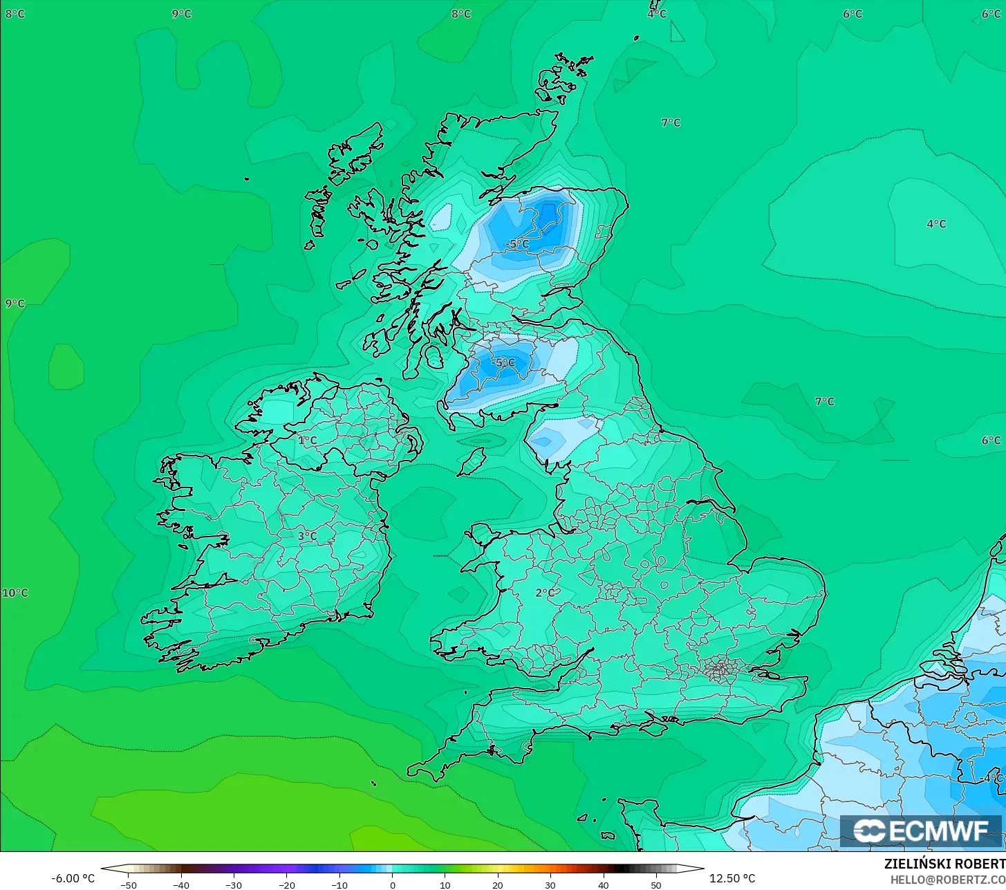 ECMWF IFS 0.25° model - Birleşik Krallık, 2 m Çiy Noktası