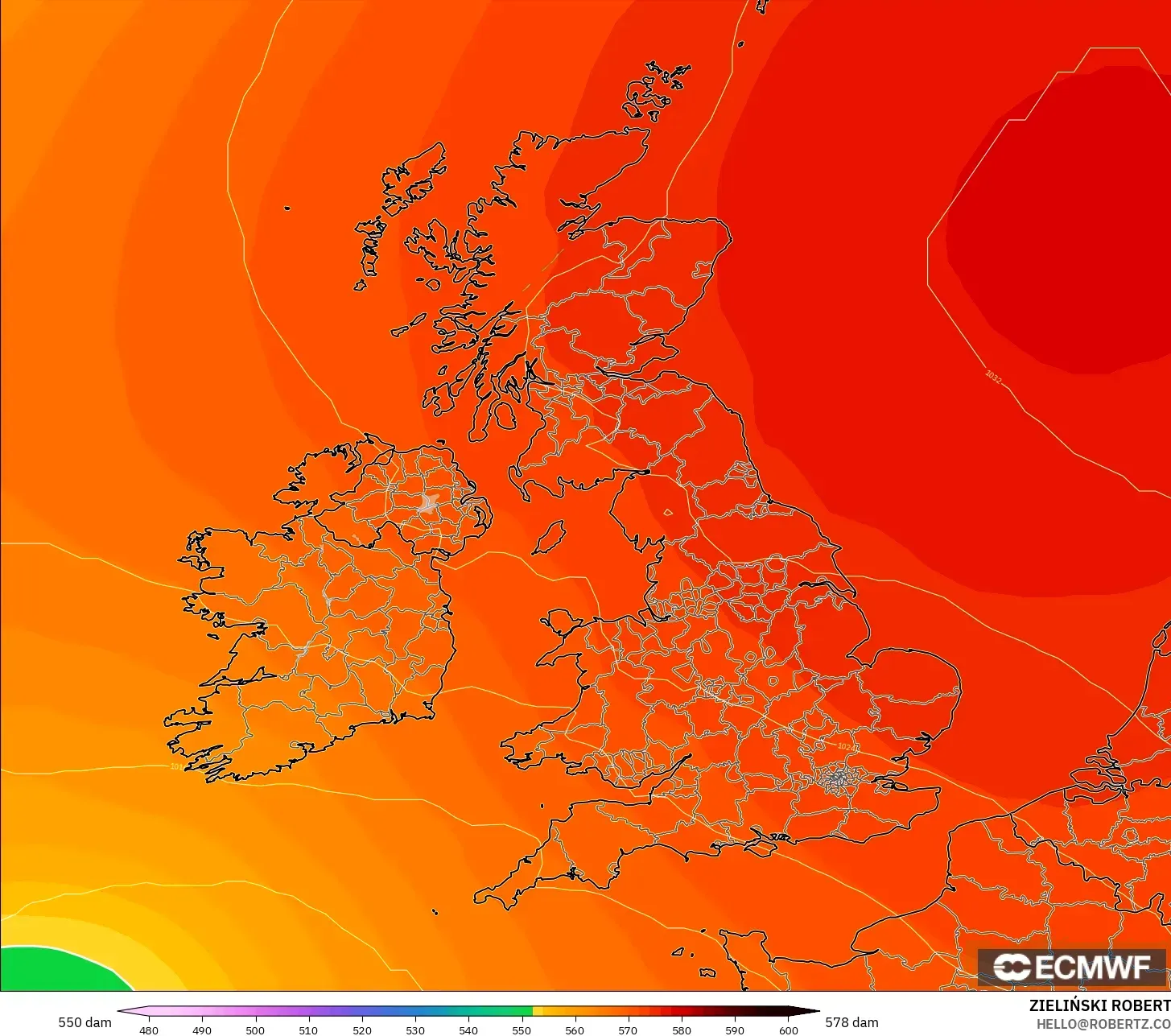 ECMWF IFS 0.25° model - Birleşik Krallık, 500 hPa’da jeopotansiyel yükseklik