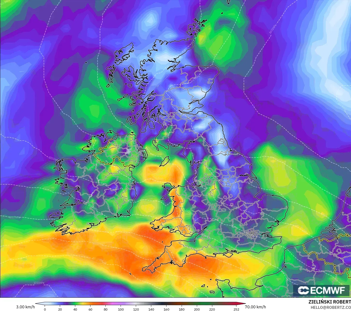 ECMWF IFS 0.25° model - Birleşik Krallık, En Yüksek Rüzgâr