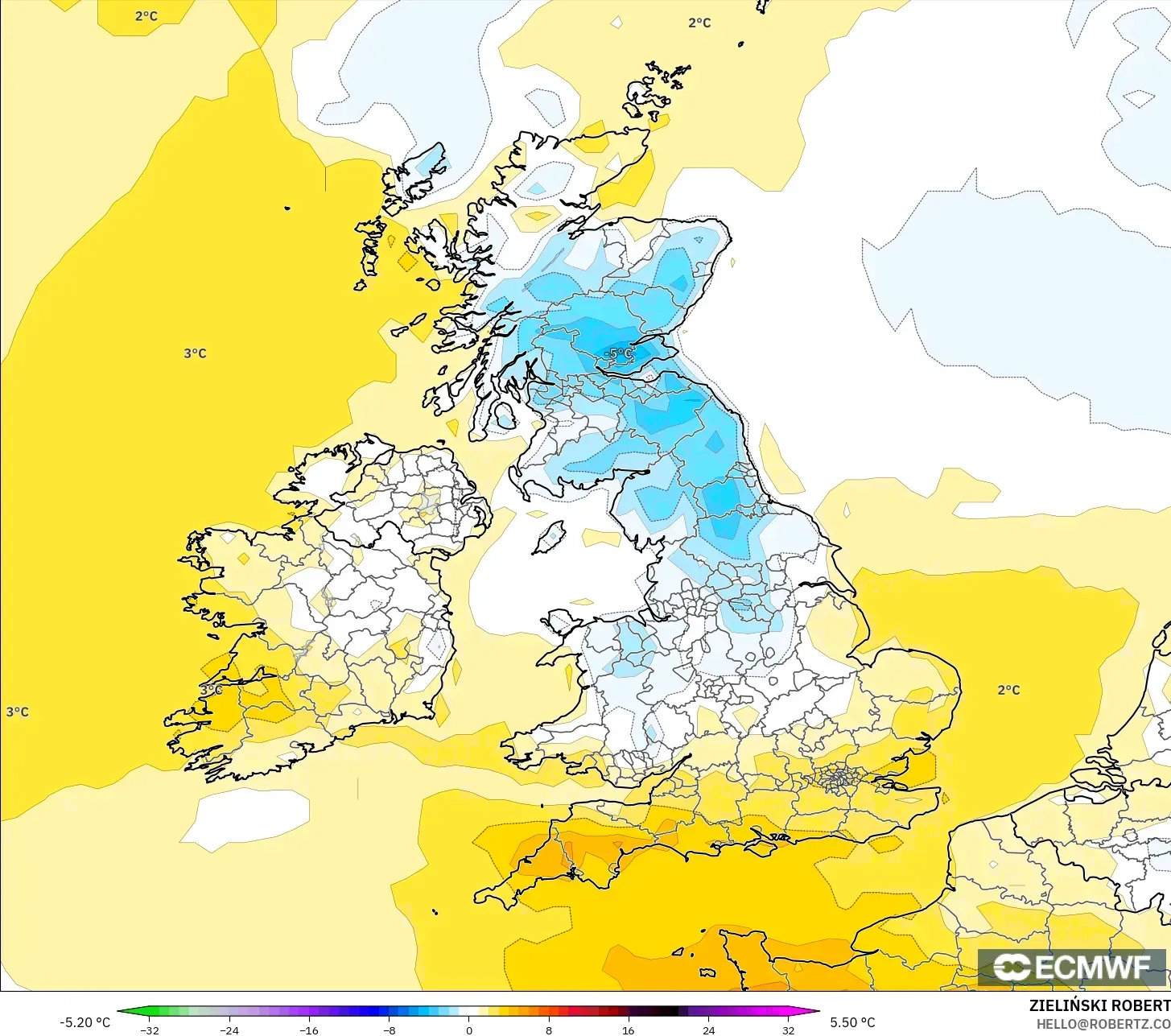 ECMWF IFS 0.25° model - Birleşik Krallık, 2 m Sıcaklık Anomalisi