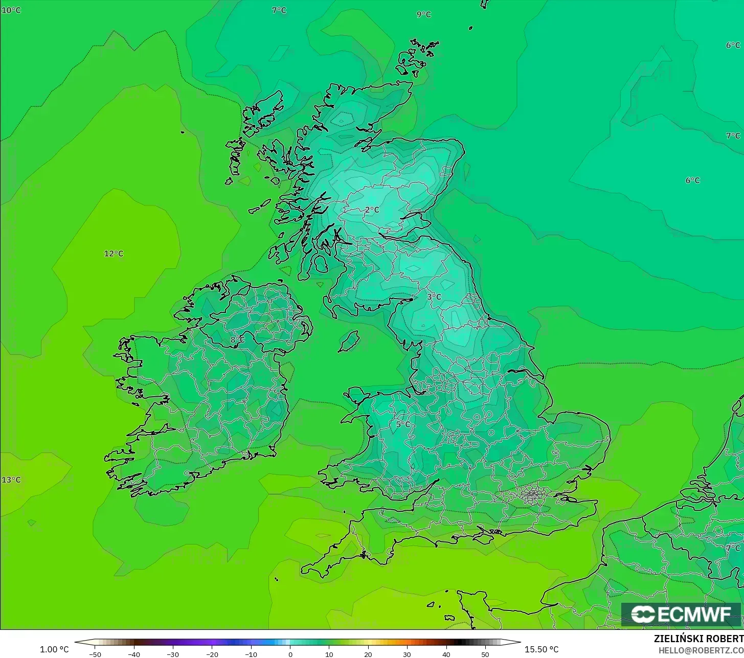 ECMWF IFS 0.25° model - Birleşik Krallık, 2 m Sıcaklık