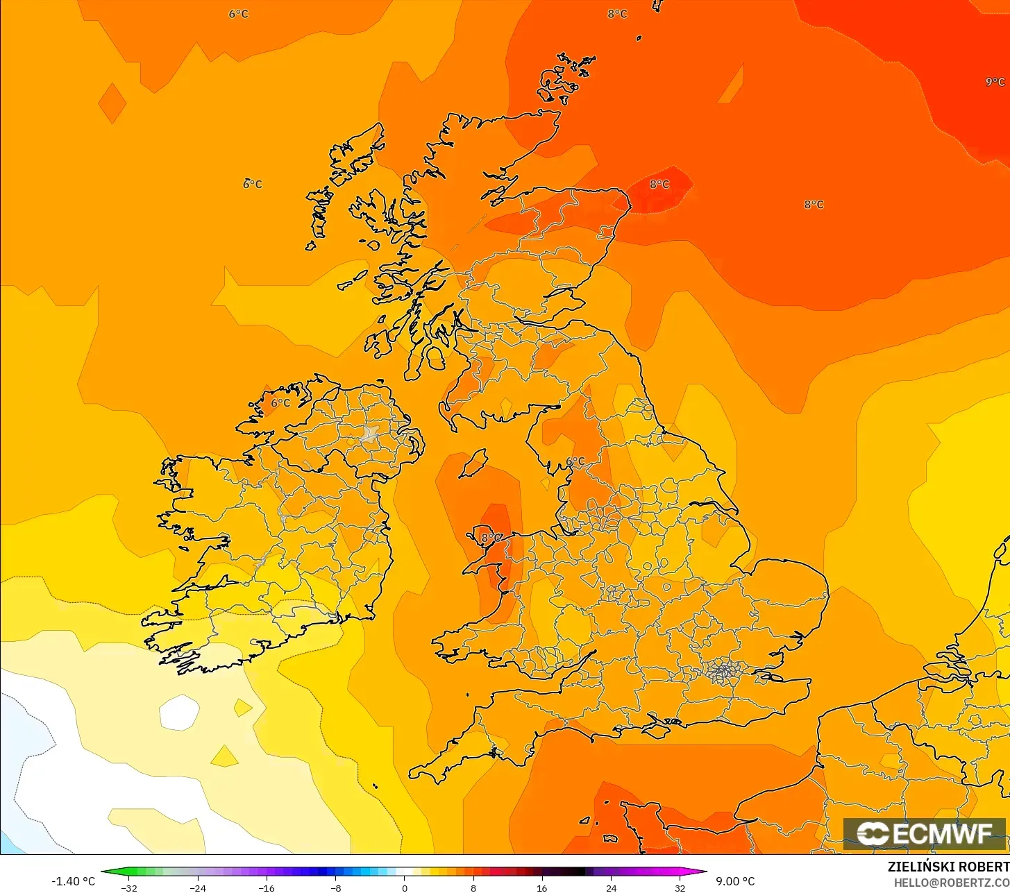 ECMWF IFS 0.25° model - Birleşik Krallık, 850 hPa Sıcaklık Anomalisi