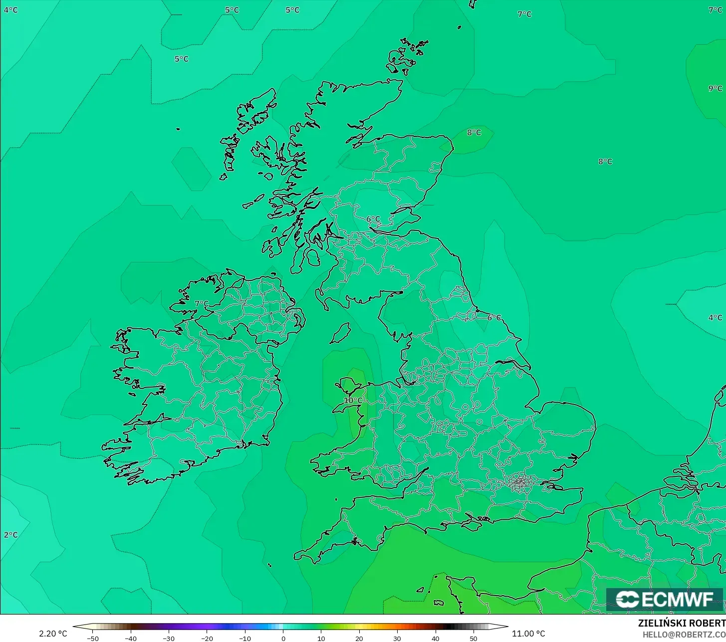 ECMWF IFS 0.25° model - Birleşik Krallık, 850 hPa Sıcaklık