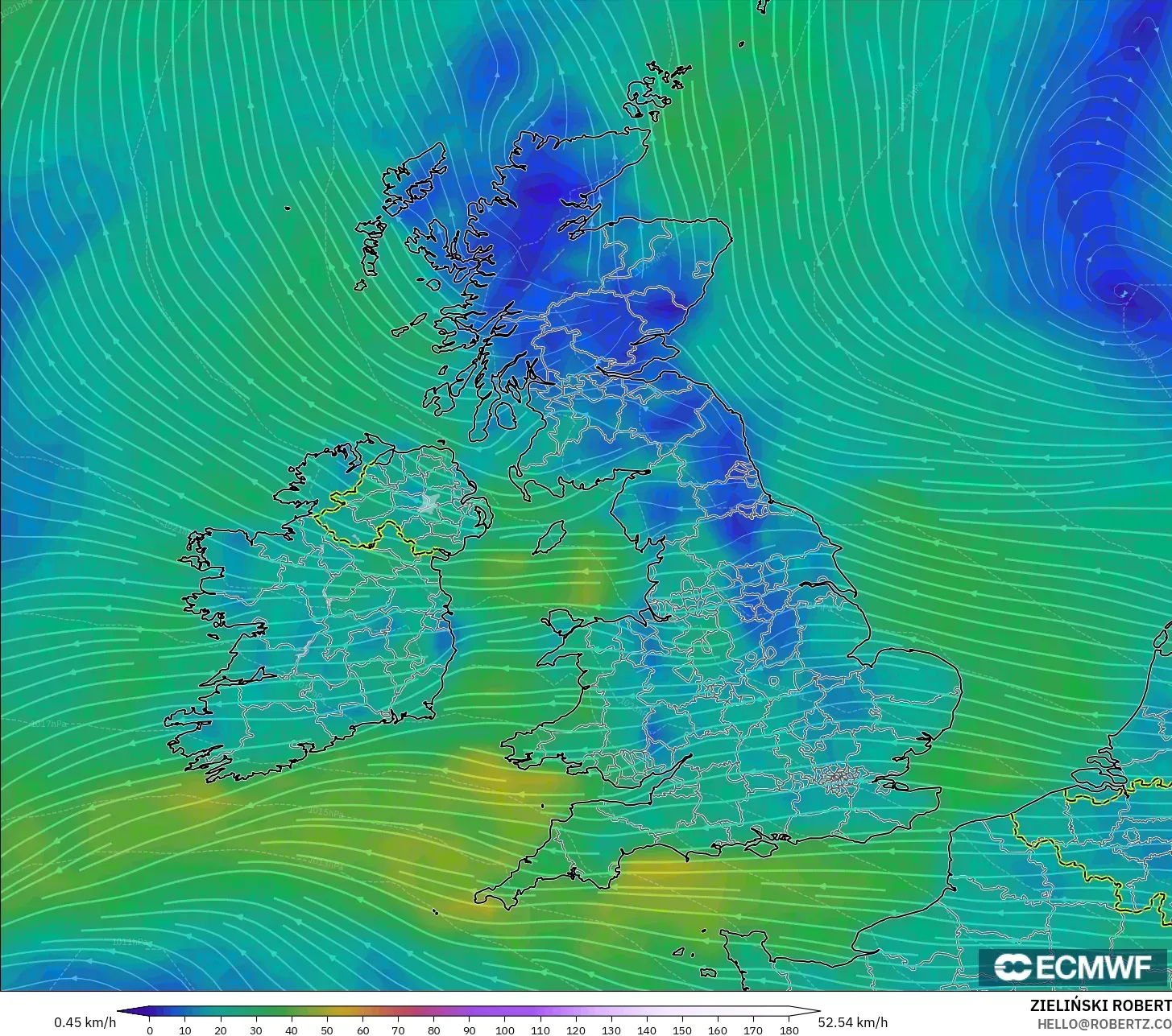 ECMWF IFS 0.25° model - Birleşik Krallık, 10 m Rüzgâr