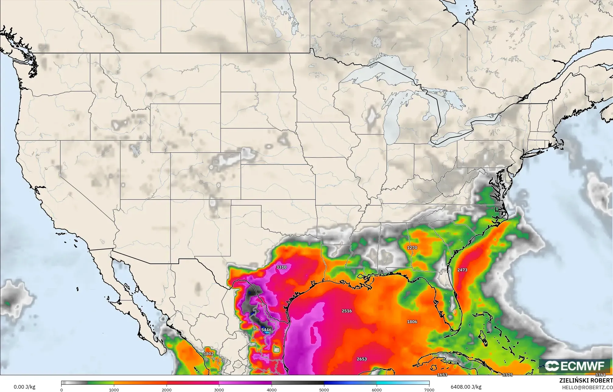 ECMWF IFS 0.25° model - Amerika Birleşik Devletleri, CAPE