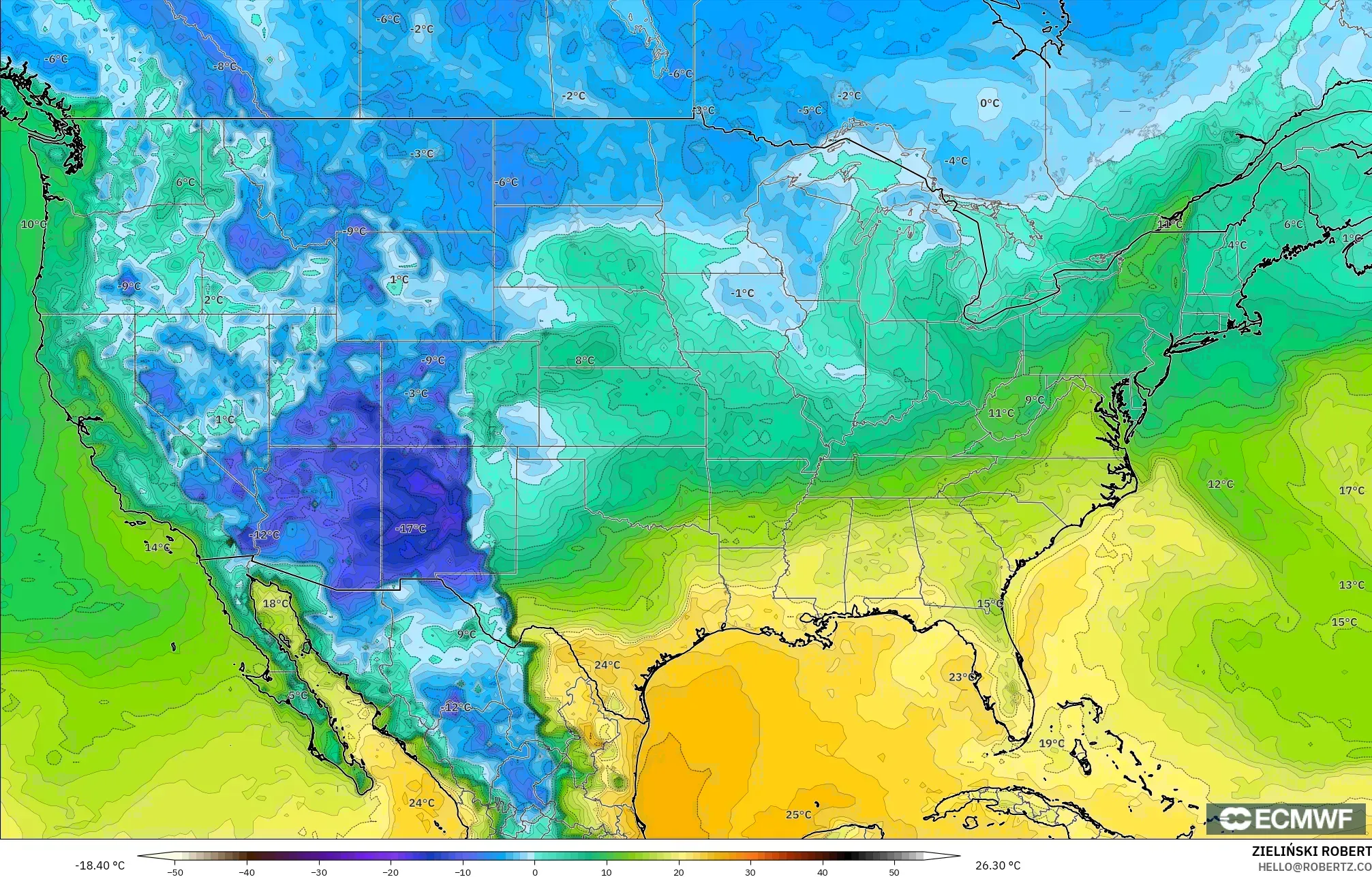 ECMWF IFS 0.25° model - Amerika Birleşik Devletleri, 2 m Çiy Noktası
