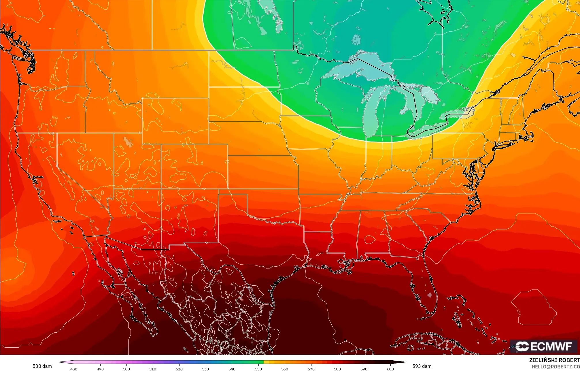 ECMWF IFS 0.25° model - Amerika Birleşik Devletleri, 500 hPa’da jeopotansiyel yükseklik