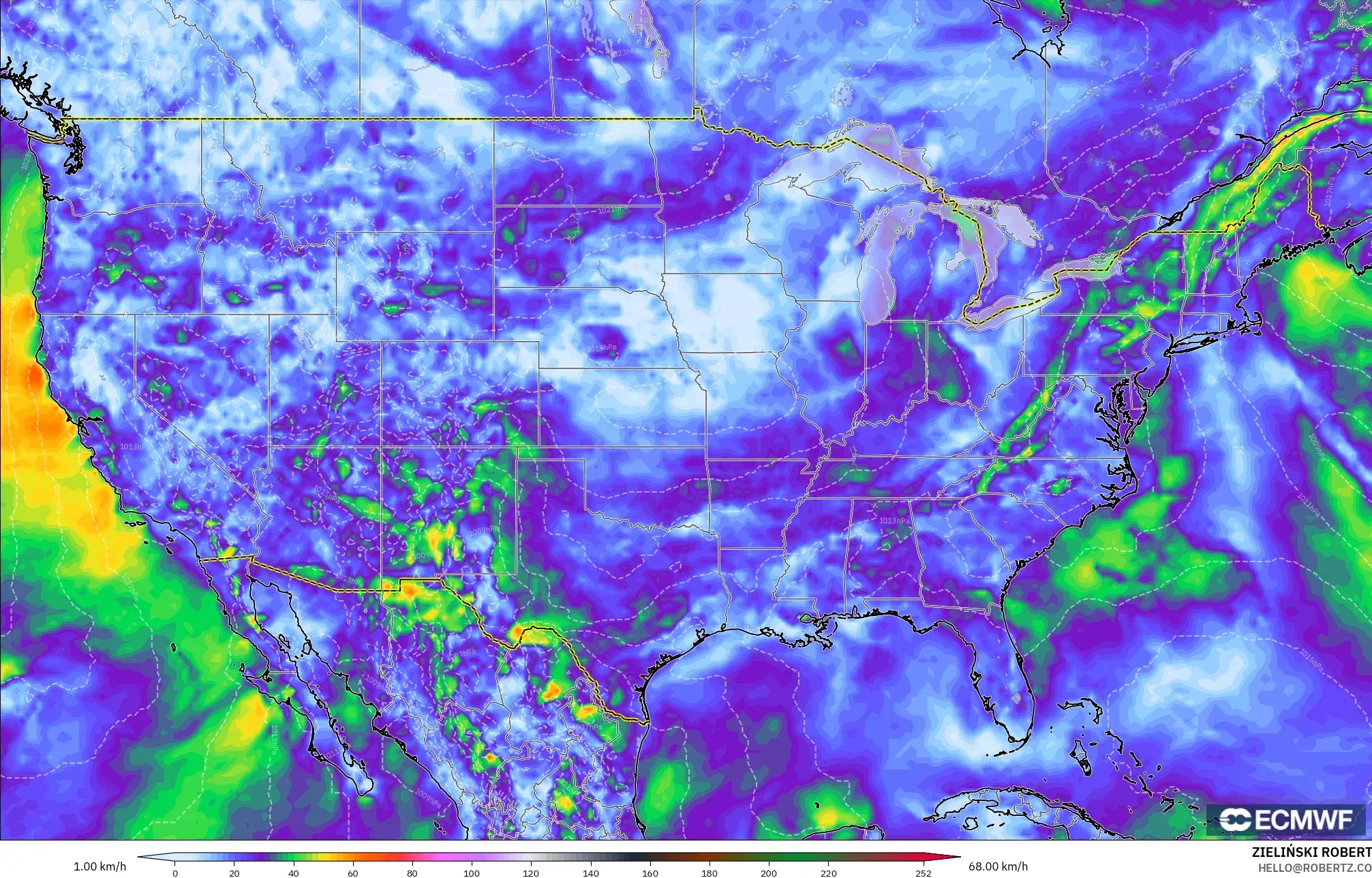 ECMWF IFS 0.25° model - Amerika Birleşik Devletleri, En Yüksek Rüzgâr