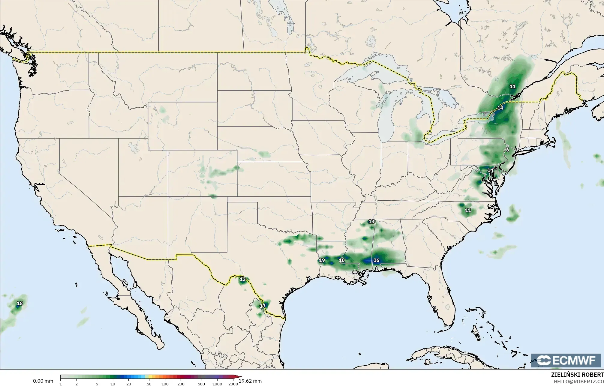 ECMWF IFS 0.25° model - Amerika Birleşik Devletleri, Yağış Birikimi