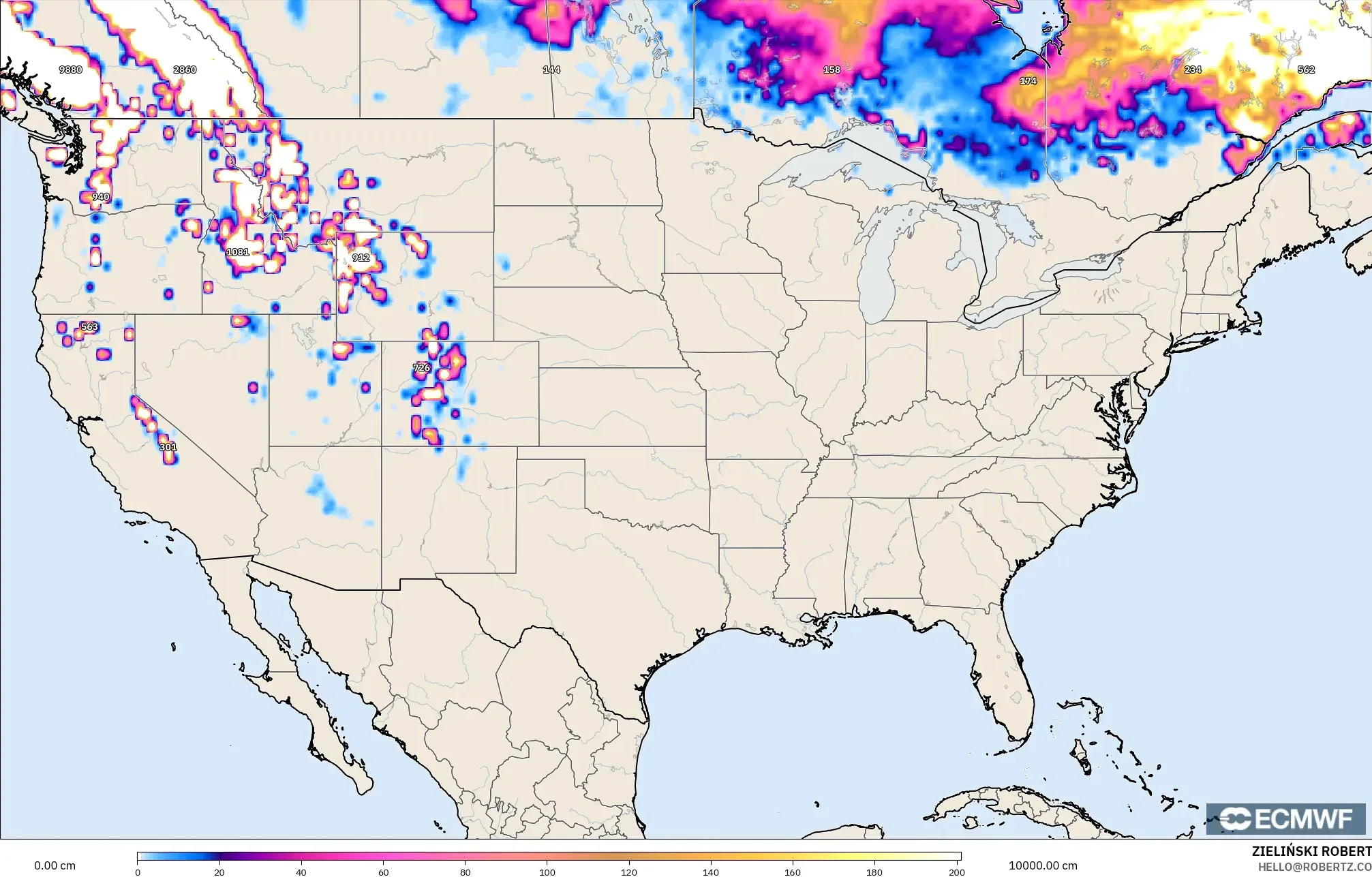 ECMWF IFS 0.25° model - Amerika Birleşik Devletleri, Kar Kalınlığı