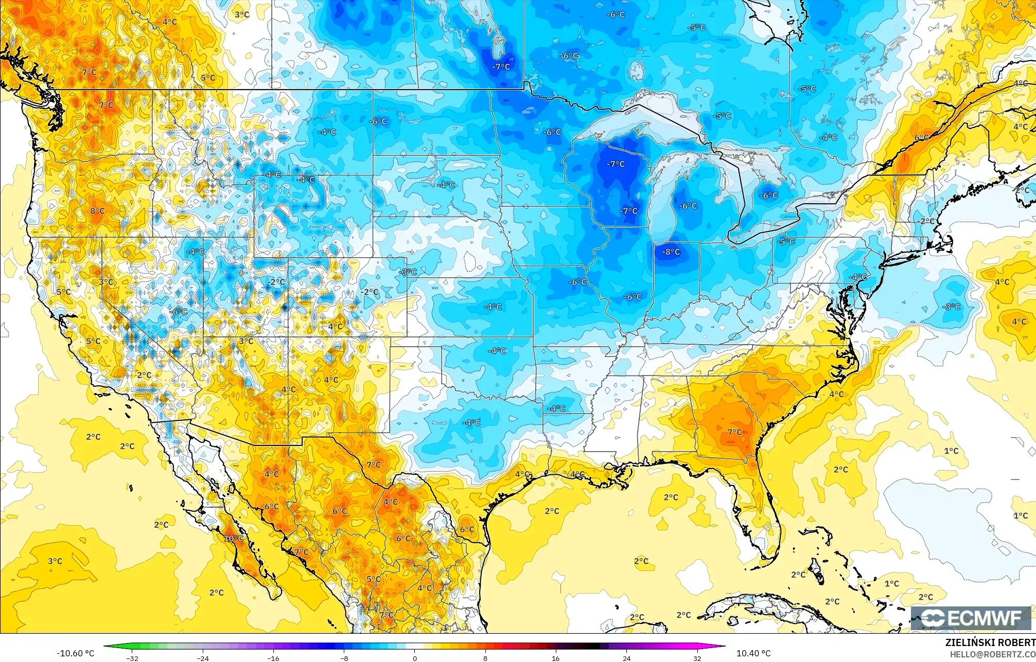 ECMWF IFS 0.25° model - Amerika Birleşik Devletleri, 2 m Sıcaklık Anomalisi
