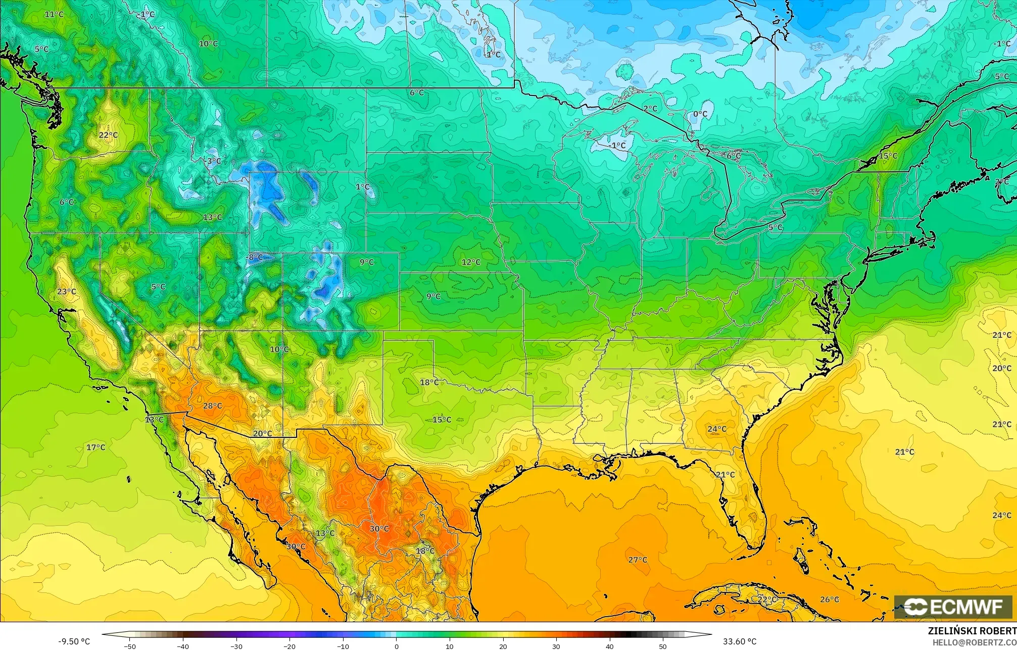 ECMWF IFS 0.25° model - Amerika Birleşik Devletleri, 2 m Sıcaklık
