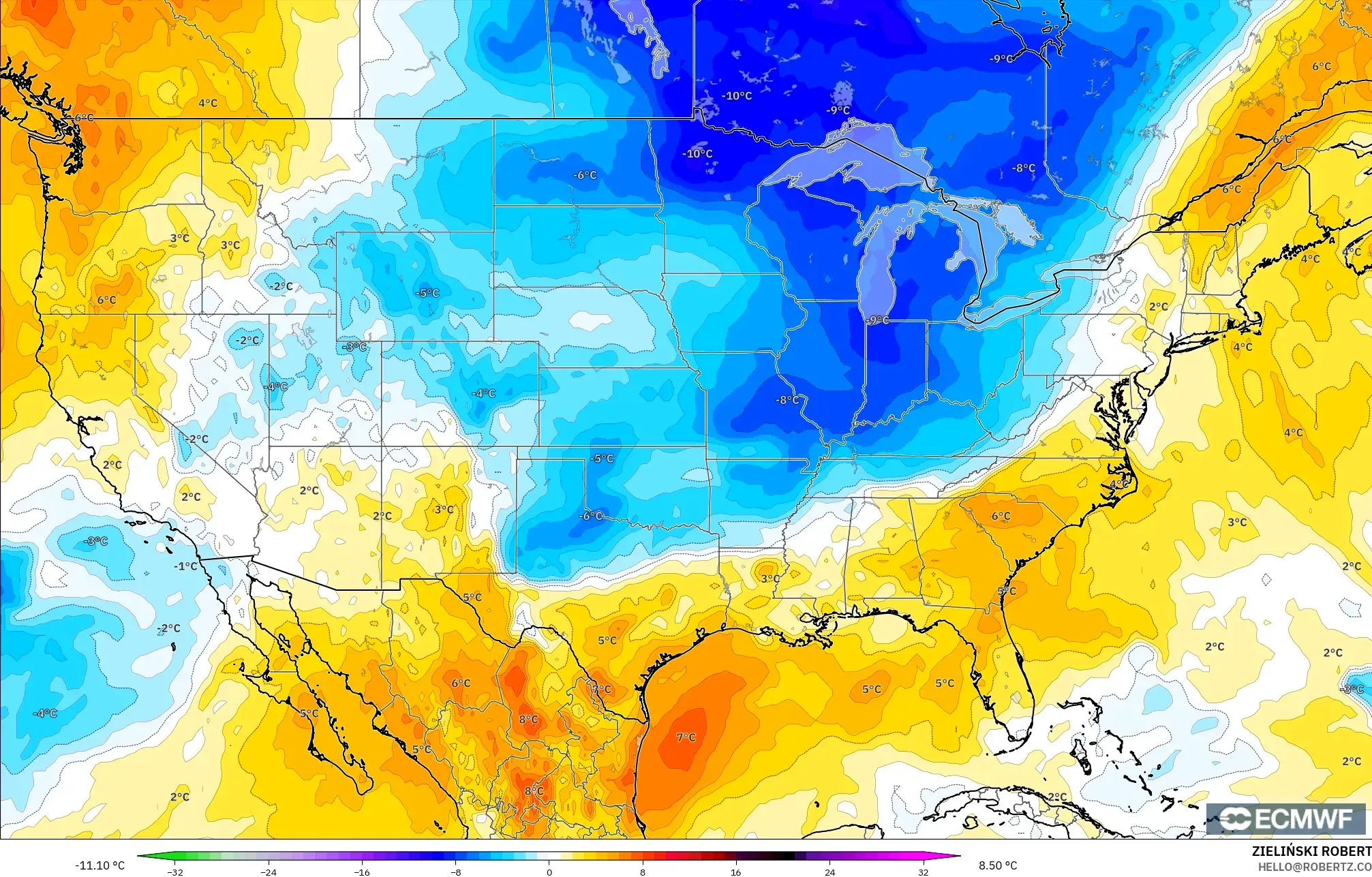 ECMWF IFS 0.25° model - Amerika Birleşik Devletleri, 850 hPa Sıcaklık Anomalisi