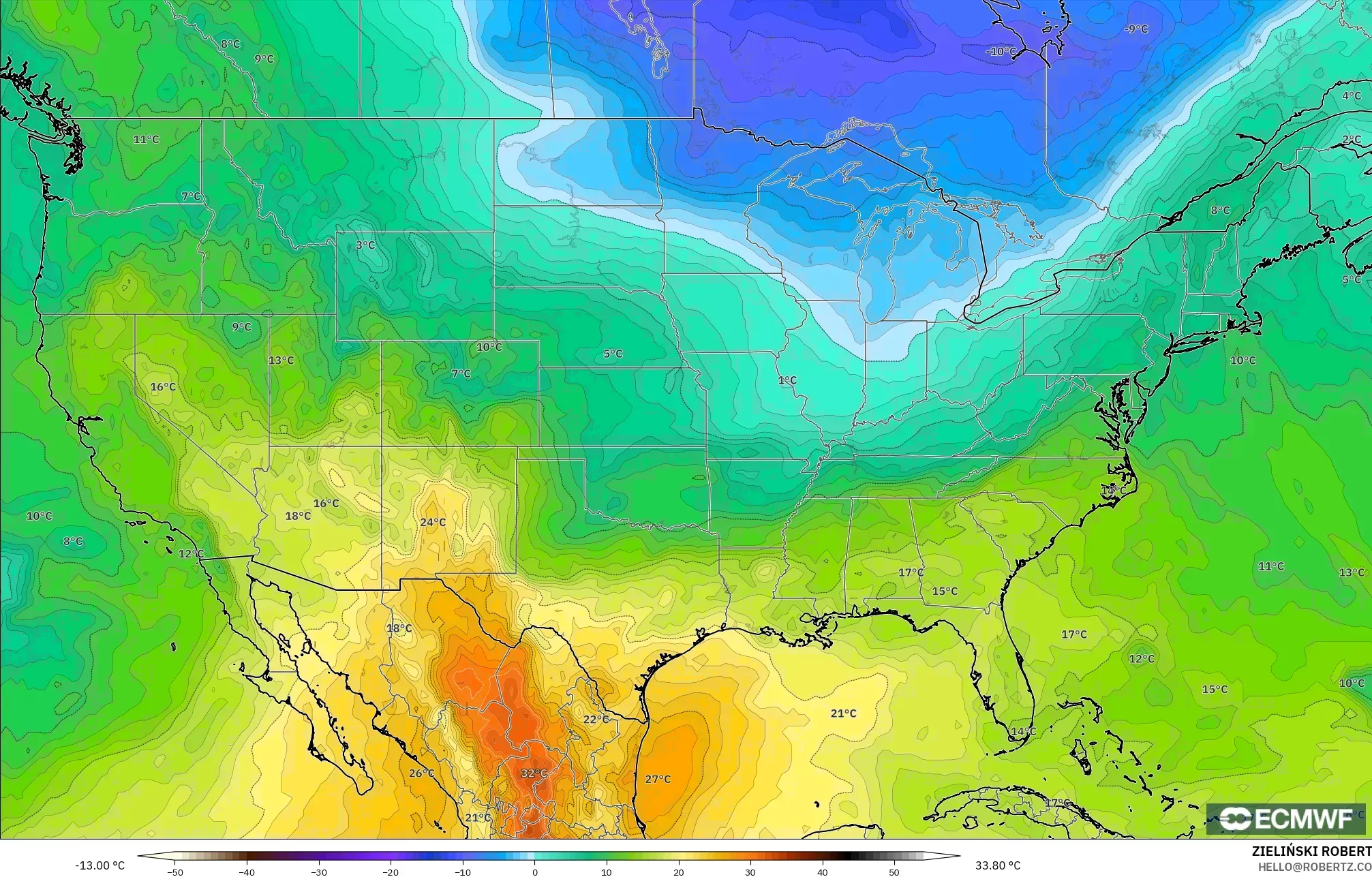 ECMWF IFS 0.25° model - Amerika Birleşik Devletleri, 850 hPa Sıcaklık
