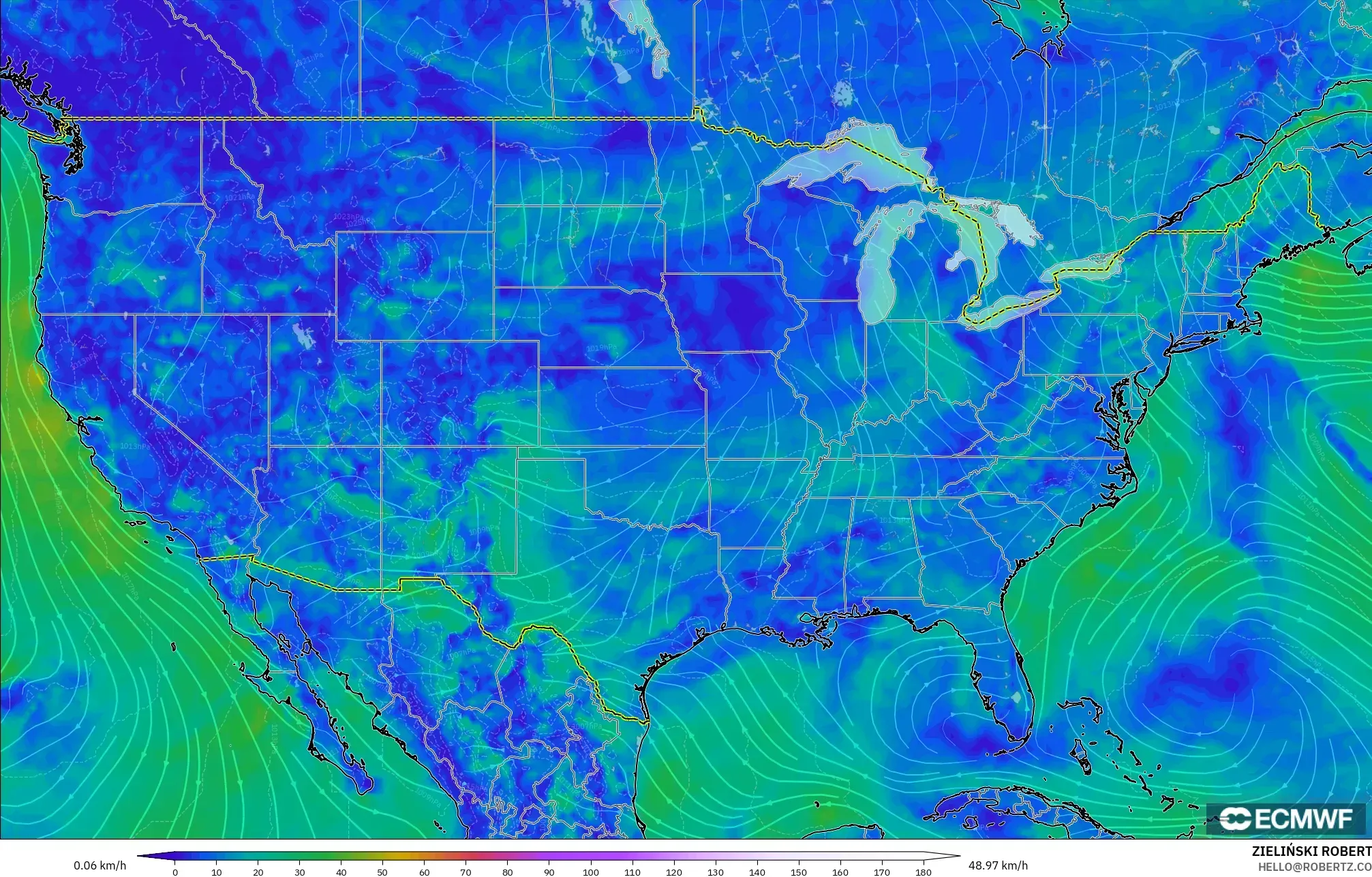 ECMWF IFS 0.25° model - Amerika Birleşik Devletleri, 10 m Rüzgâr