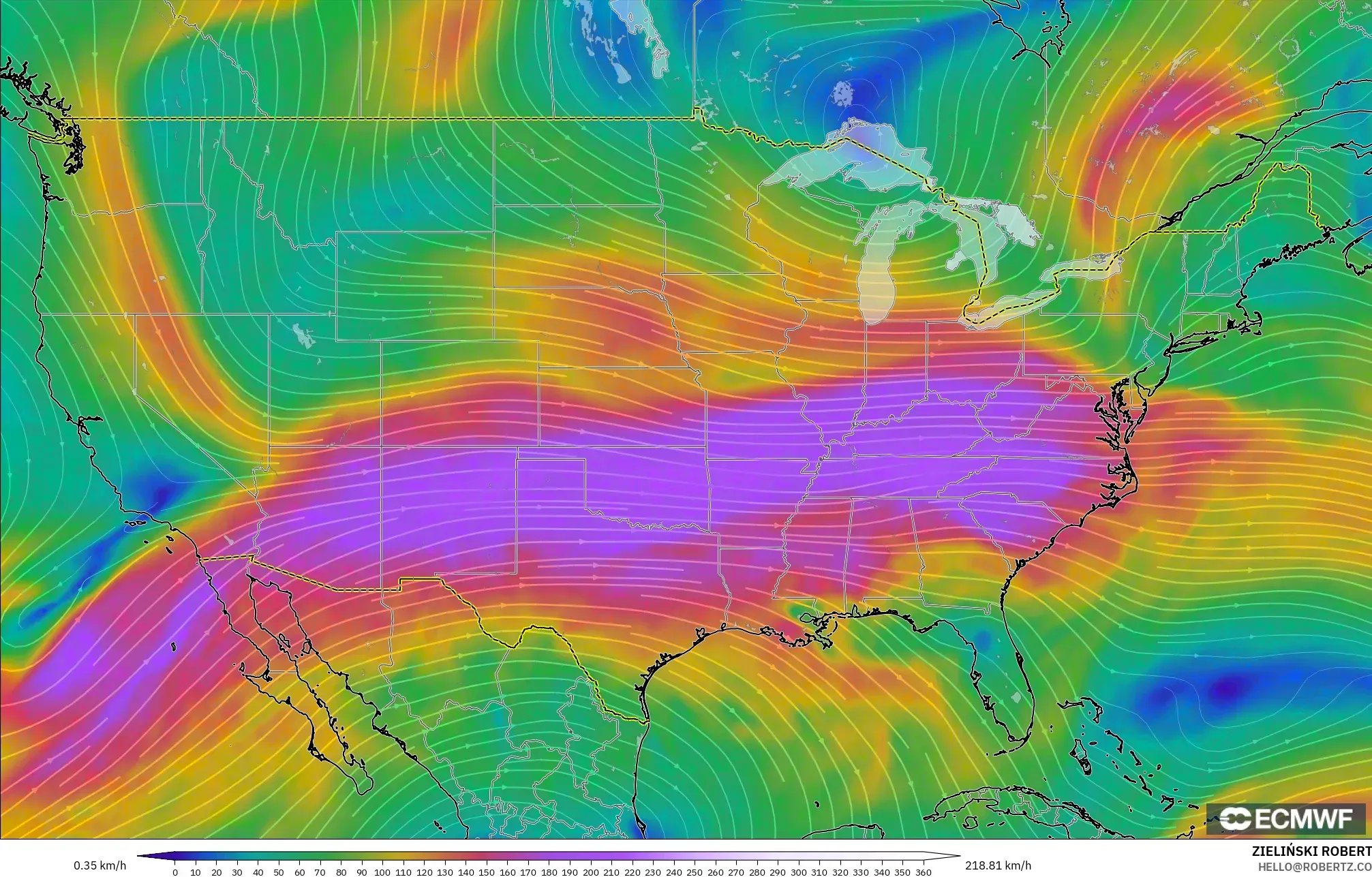 ECMWF IFS 0.25° model - Amerika Birleşik Devletleri, 300 hPa Rüzgârı (jet)