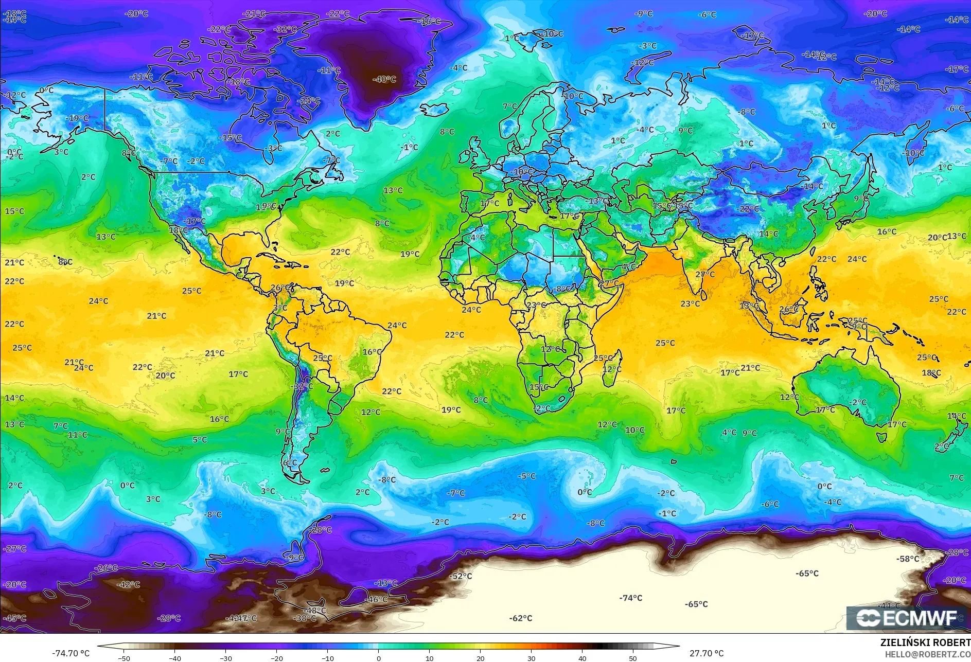 ECMWF IFS 0.25° model - Dünya, 2 m Çiy Noktası