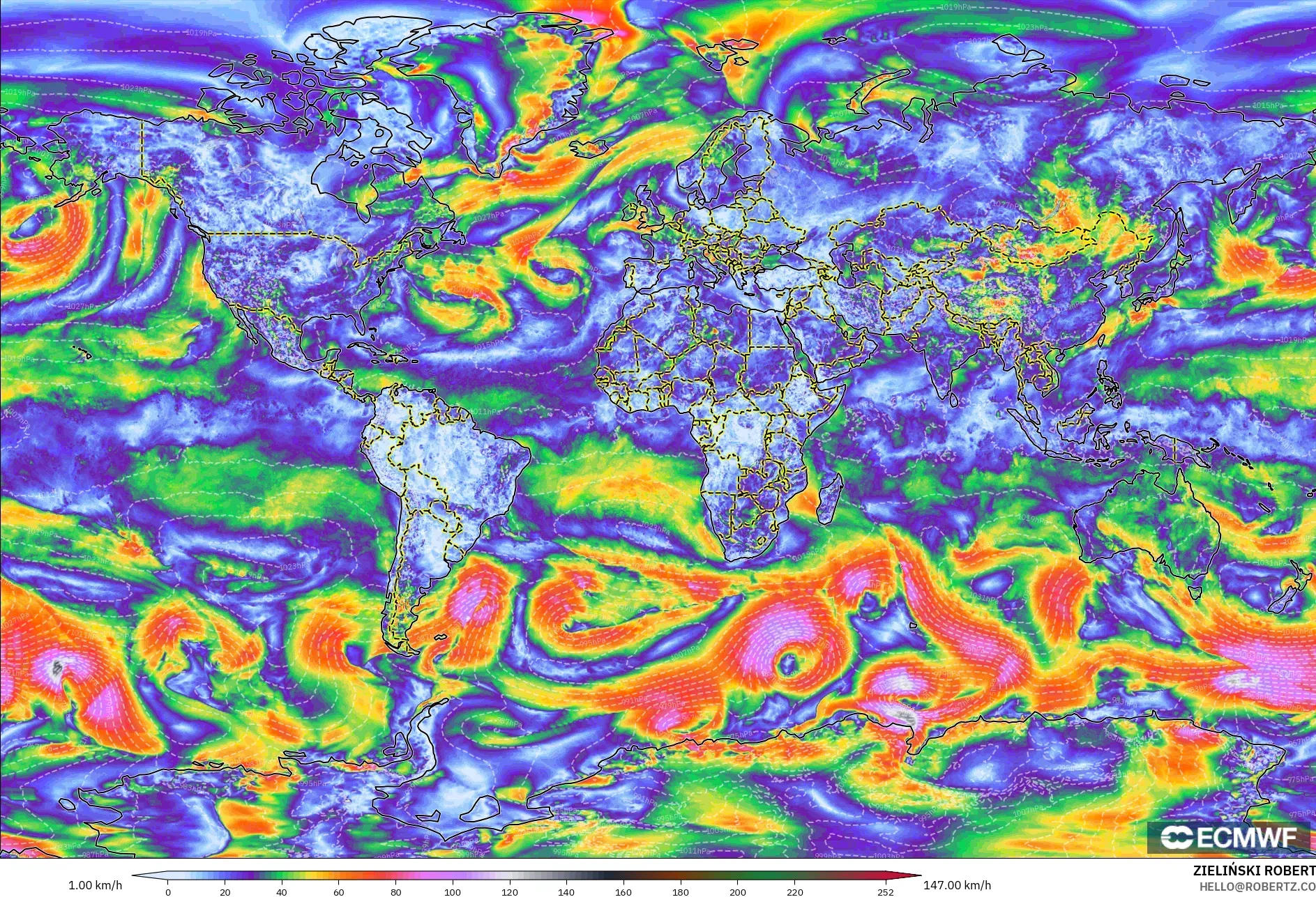 ECMWF IFS 0.25° model - Dünya, En Yüksek Rüzgâr