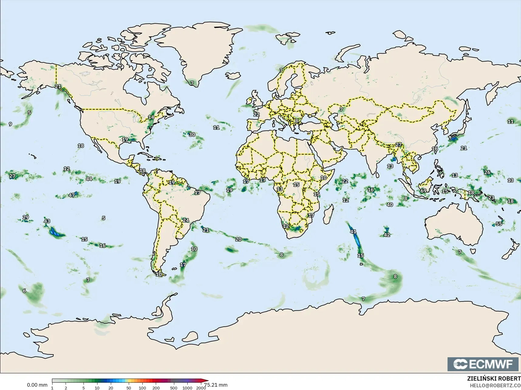 ECMWF IFS 0.25° model - Dünya, Yağış Birikimi