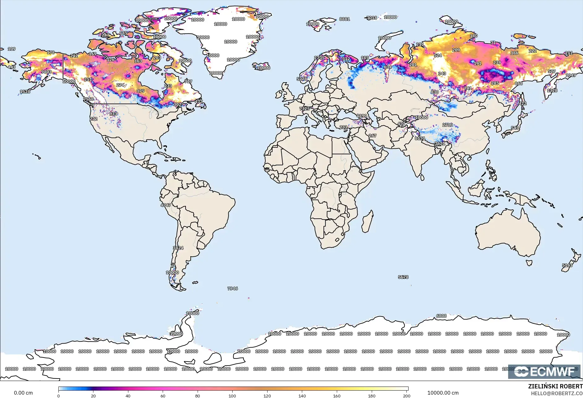 ECMWF IFS 0.25° model - Dünya, Kar Kalınlığı