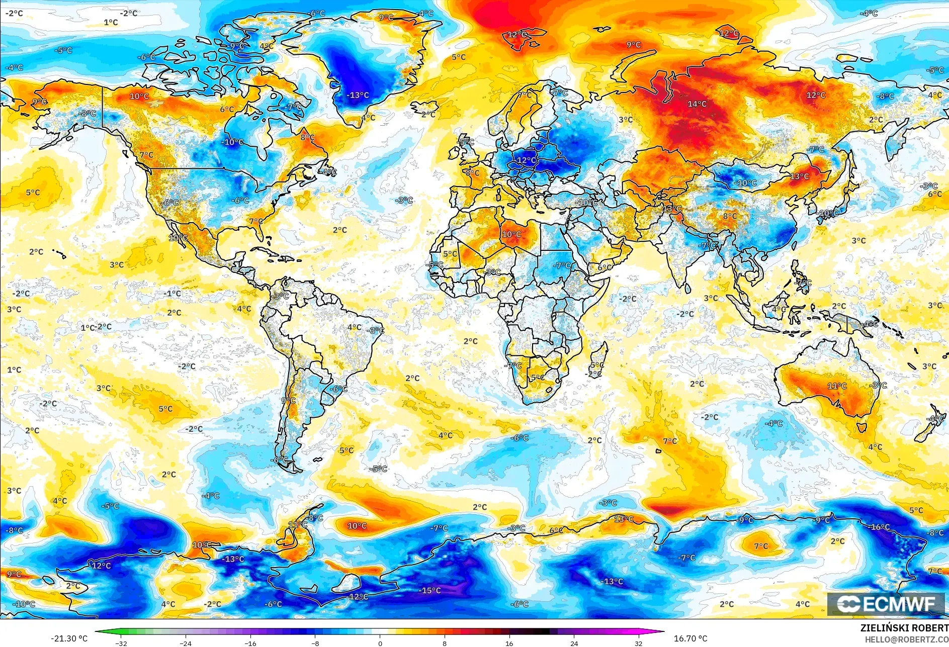 ECMWF IFS 0.25° model - Dünya, 2 m Sıcaklık Anomalisi