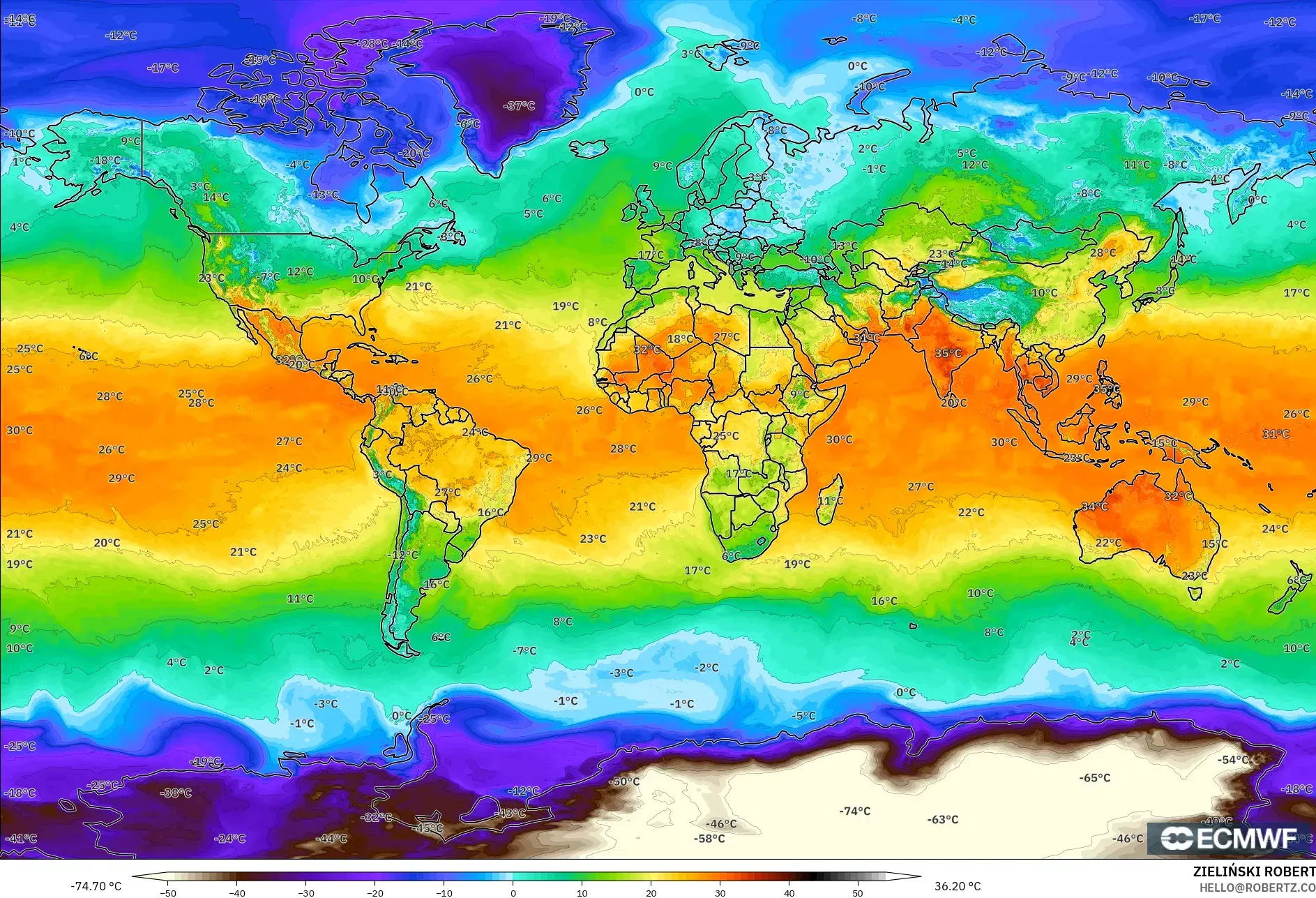 ECMWF IFS 0.25° model - Dünya, 2 m Sıcaklık