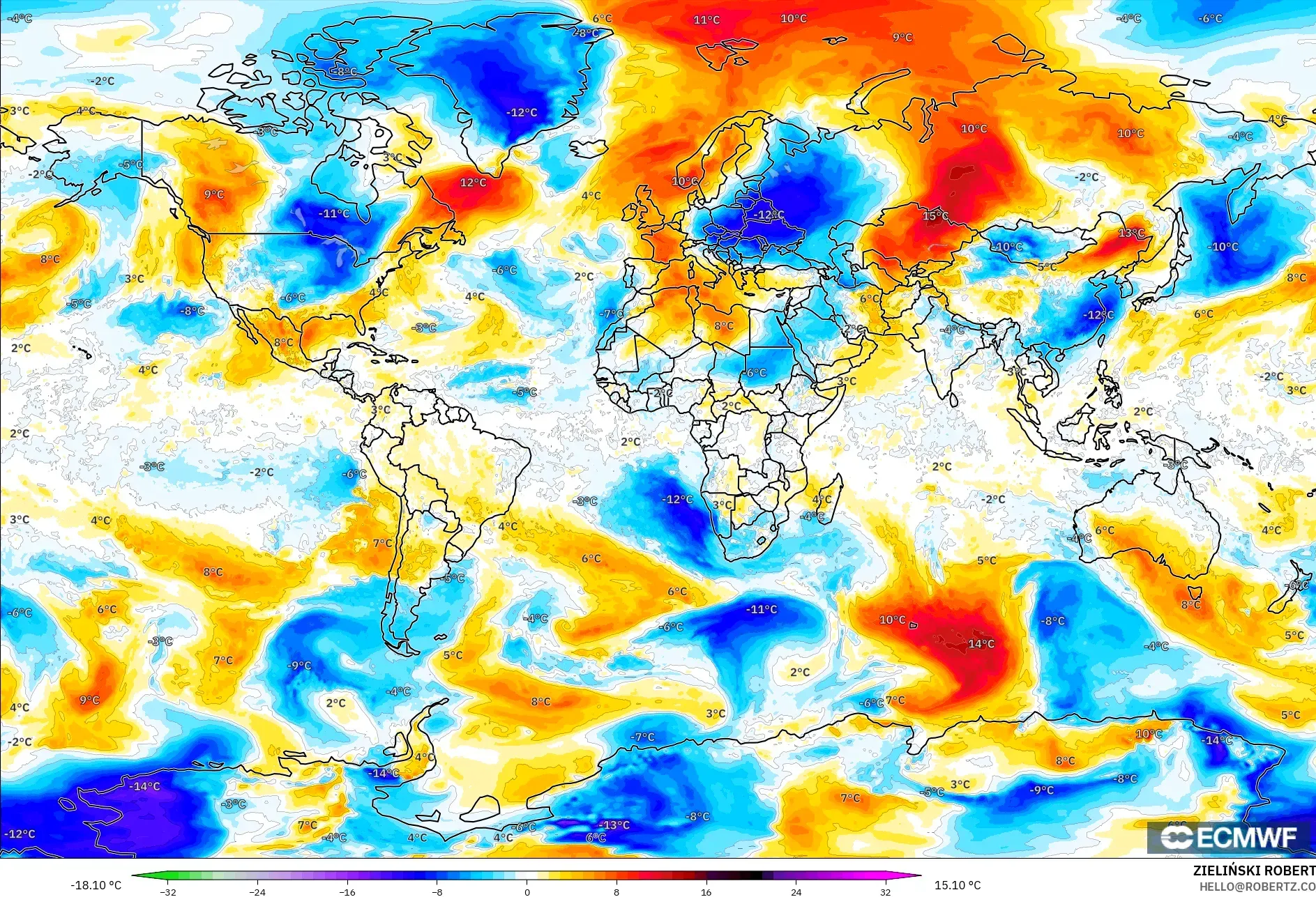 ECMWF IFS 0.25° model - Dünya, 850 hPa Sıcaklık Anomalisi