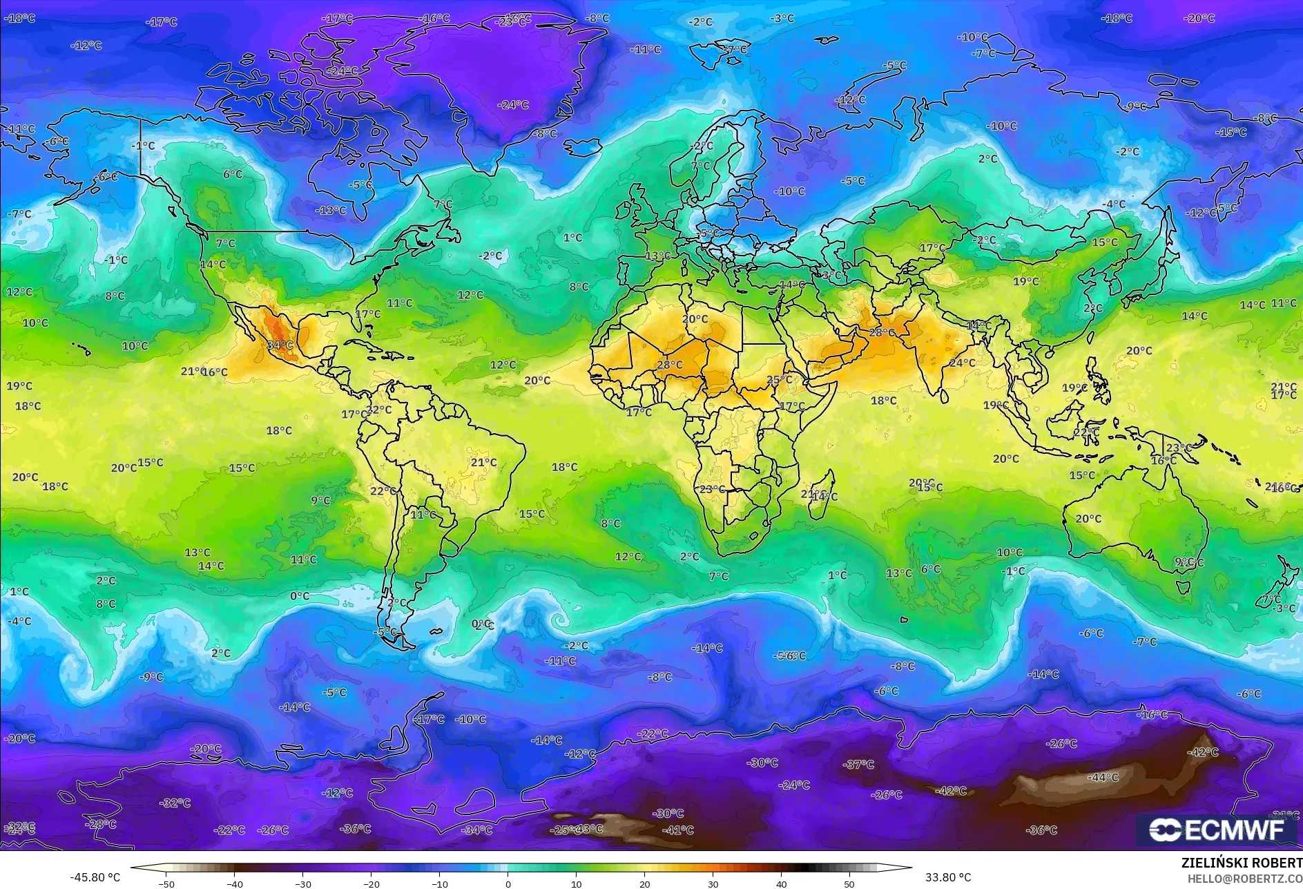ECMWF IFS 0.25° model - Dünya, 850 hPa Sıcaklık