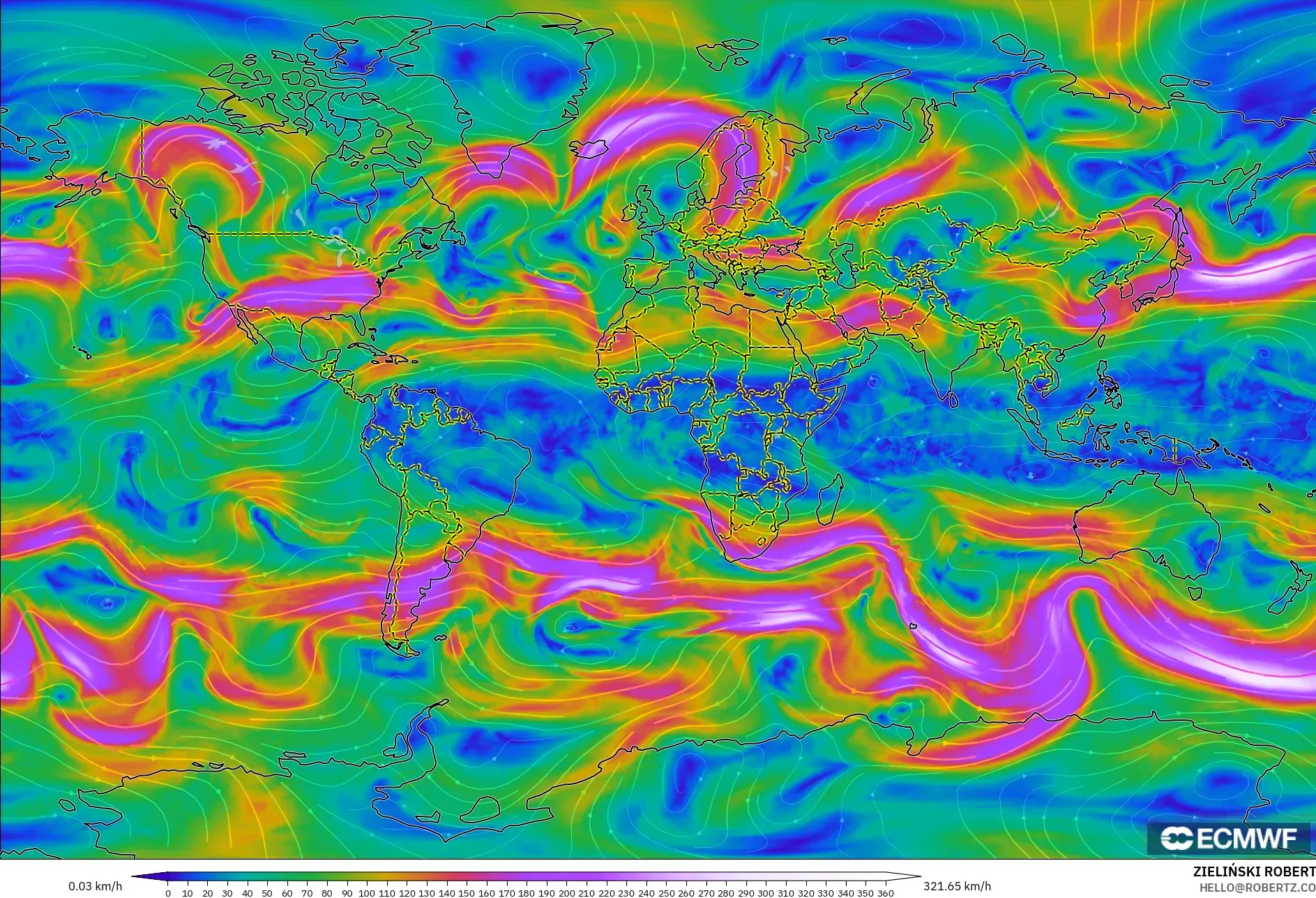ECMWF IFS 0.25° model - Dünya, 300 hPa Rüzgârı (jet)