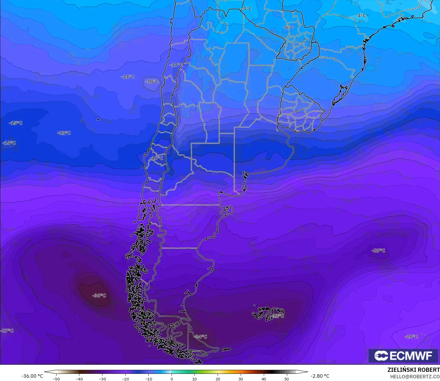 ECMWF IFS 0.25° model - Arjantin, 500 hPa Sıcaklık