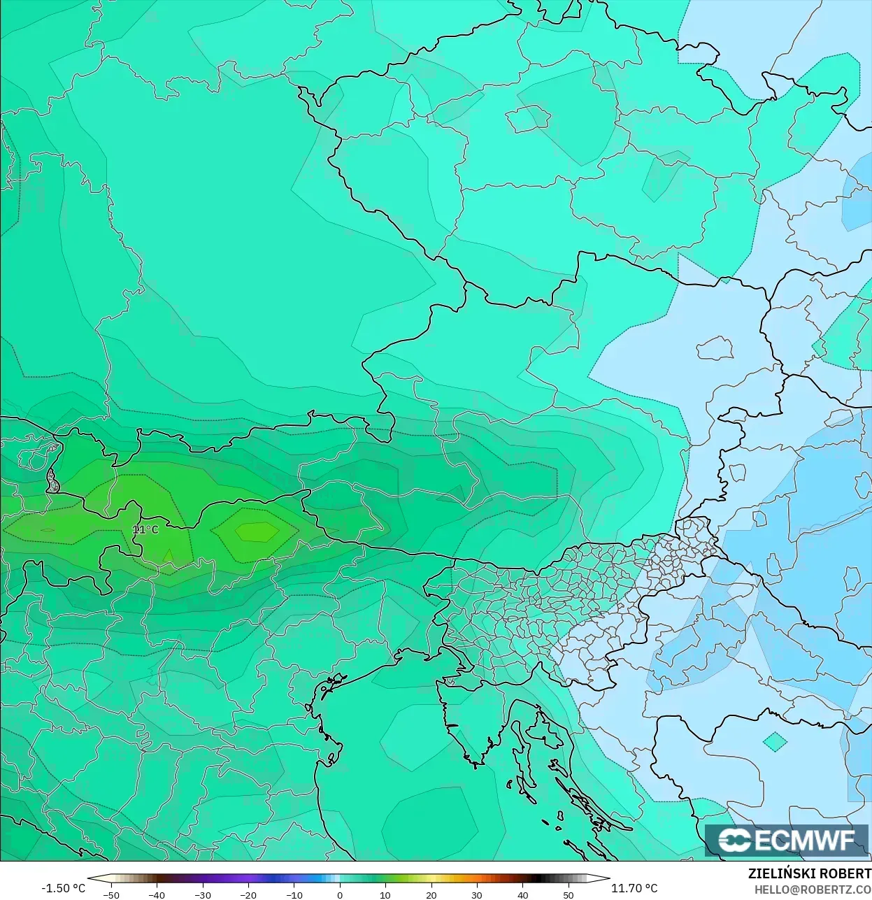 ECMWF IFS 0.25° model - Avusturya, 850 hPa Sıcaklık