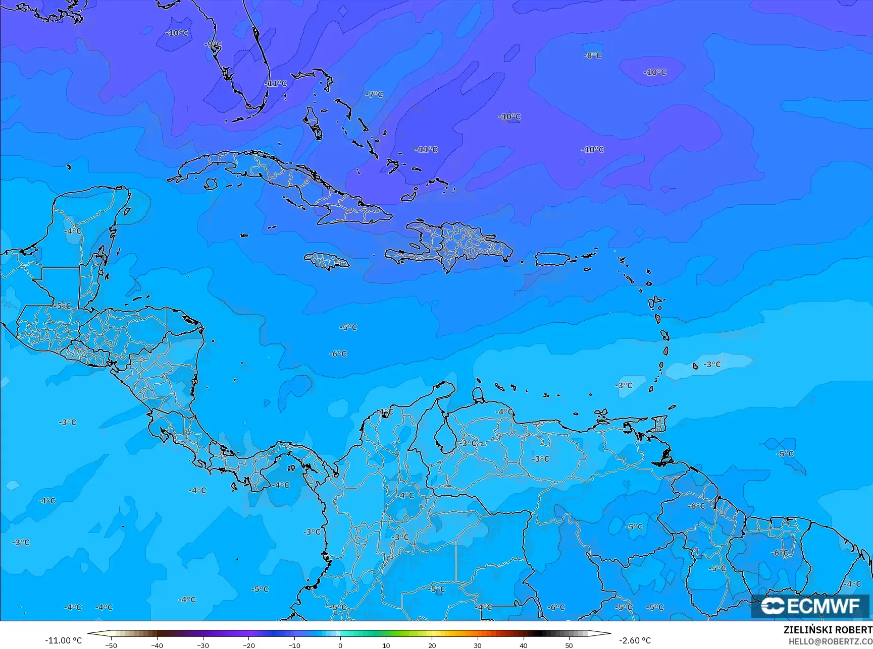 ECMWF IFS 0.25° model - Karayipler, 500 hPa Sıcaklık