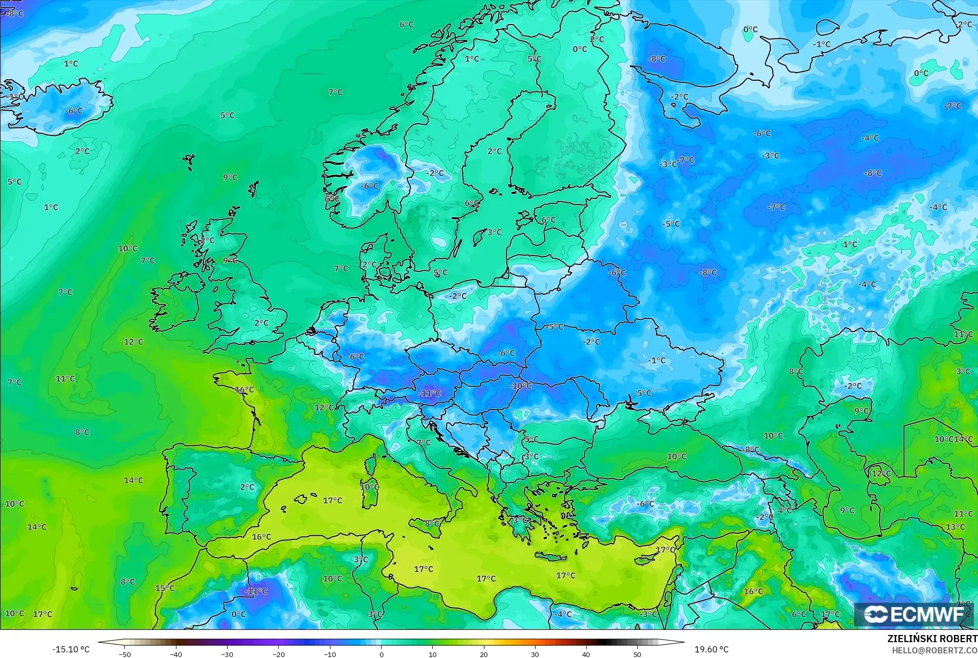 ECMWF IFS 0.25° model - Avrupa, 2 m Çiy Noktası