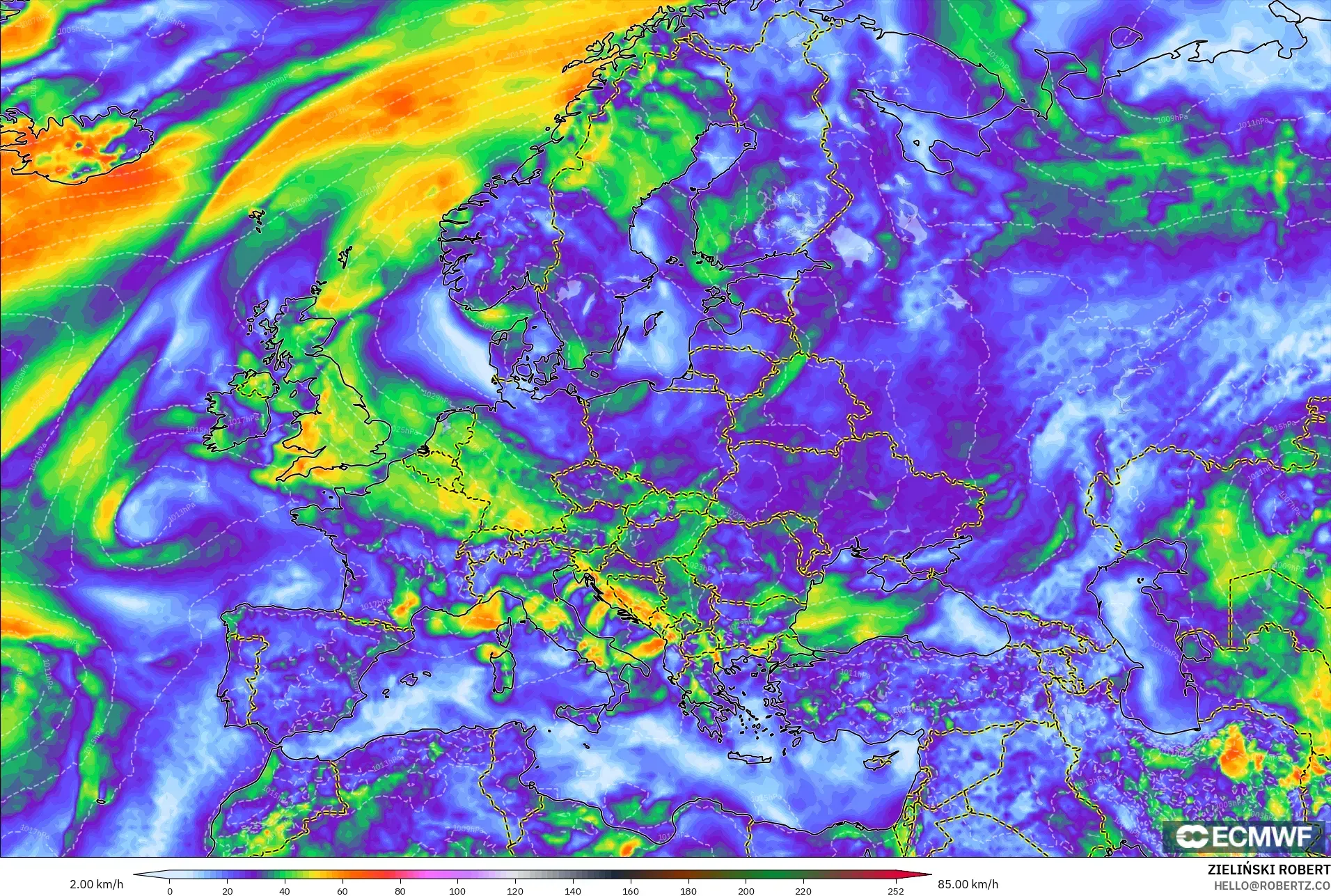 ECMWF IFS 0.25° model - Avrupa, En Yüksek Rüzgâr