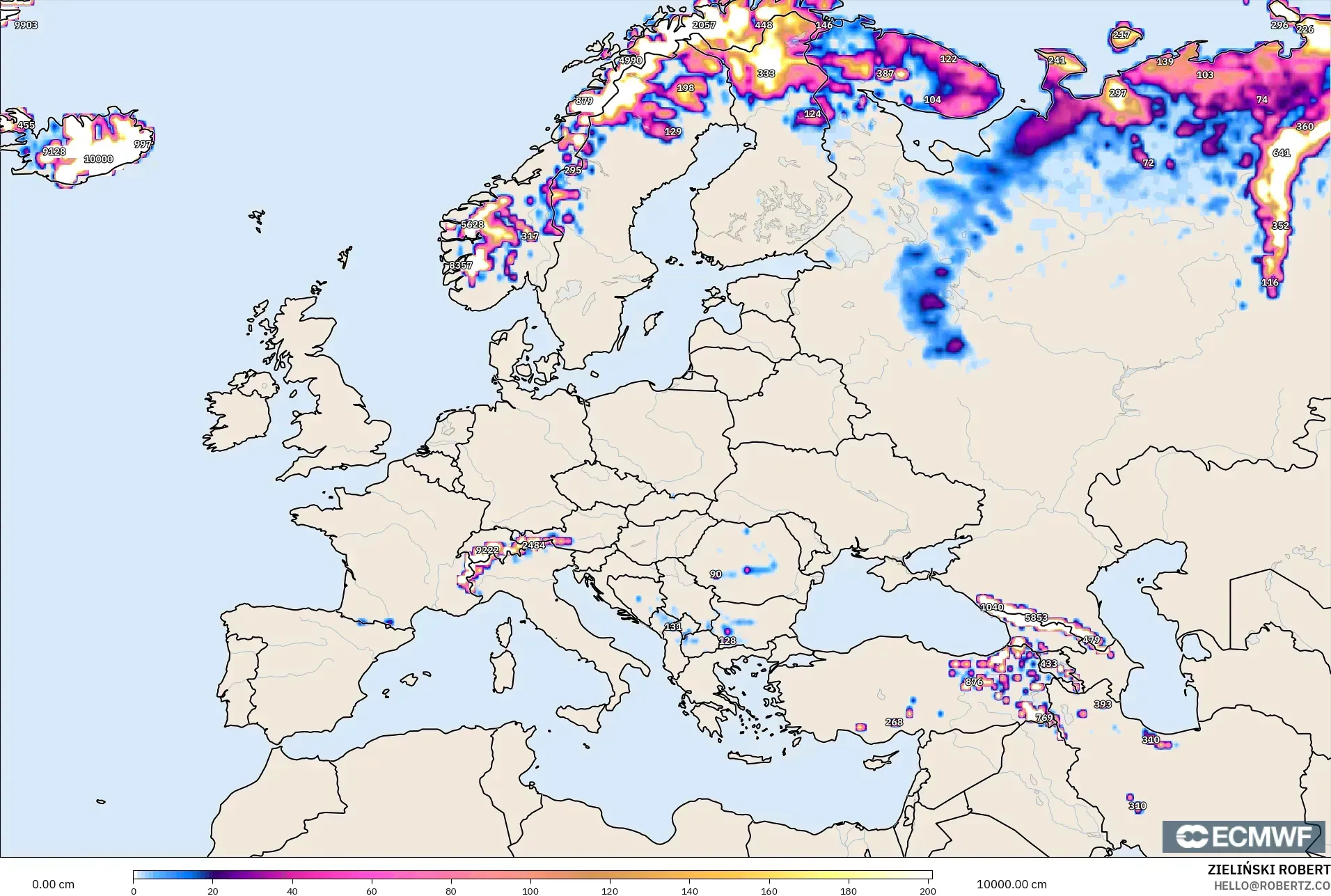 ECMWF IFS 0.25° model - Avrupa, Kar Kalınlığı