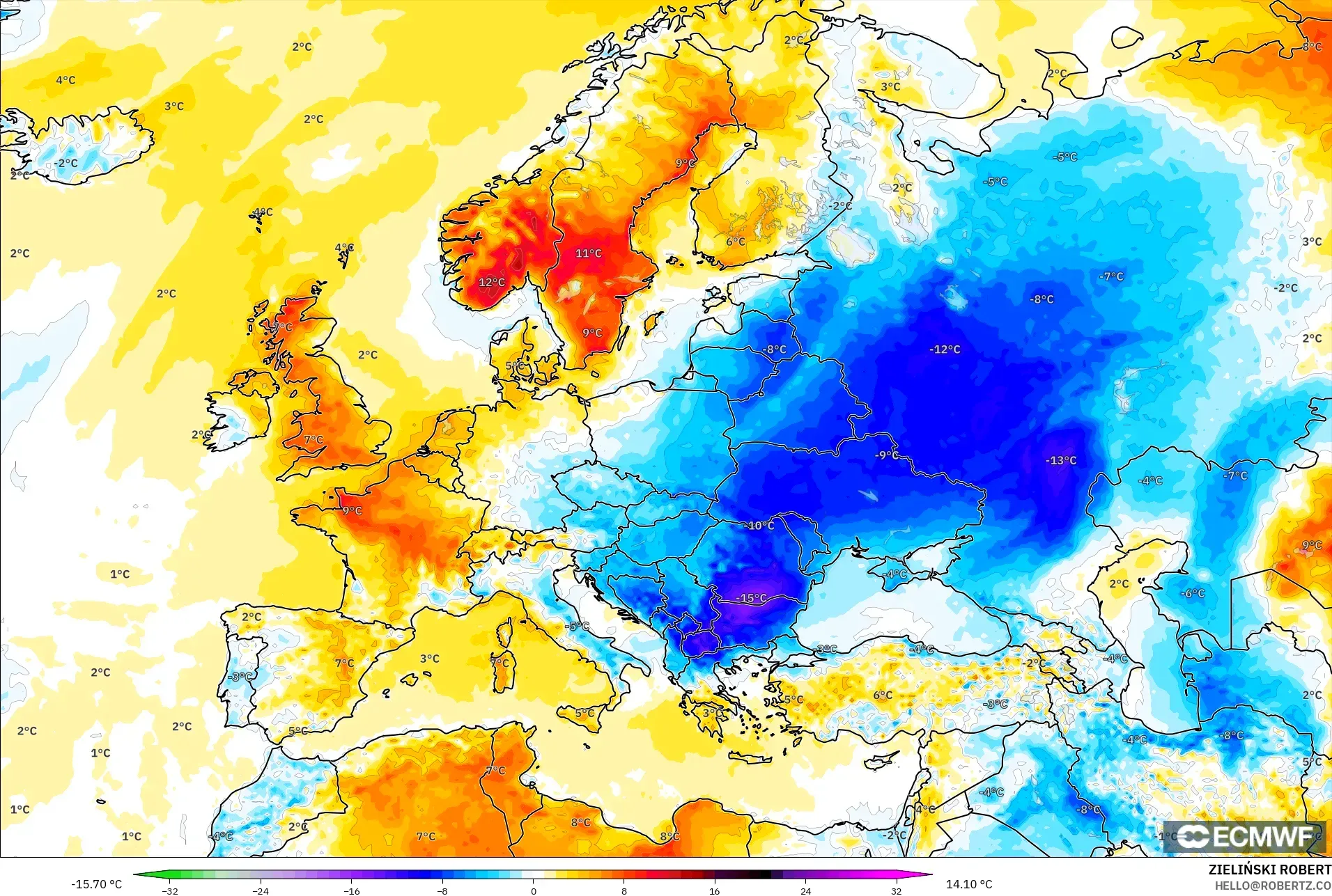 ECMWF IFS 0.25° model - Avrupa, 2 m Sıcaklık Anomalisi