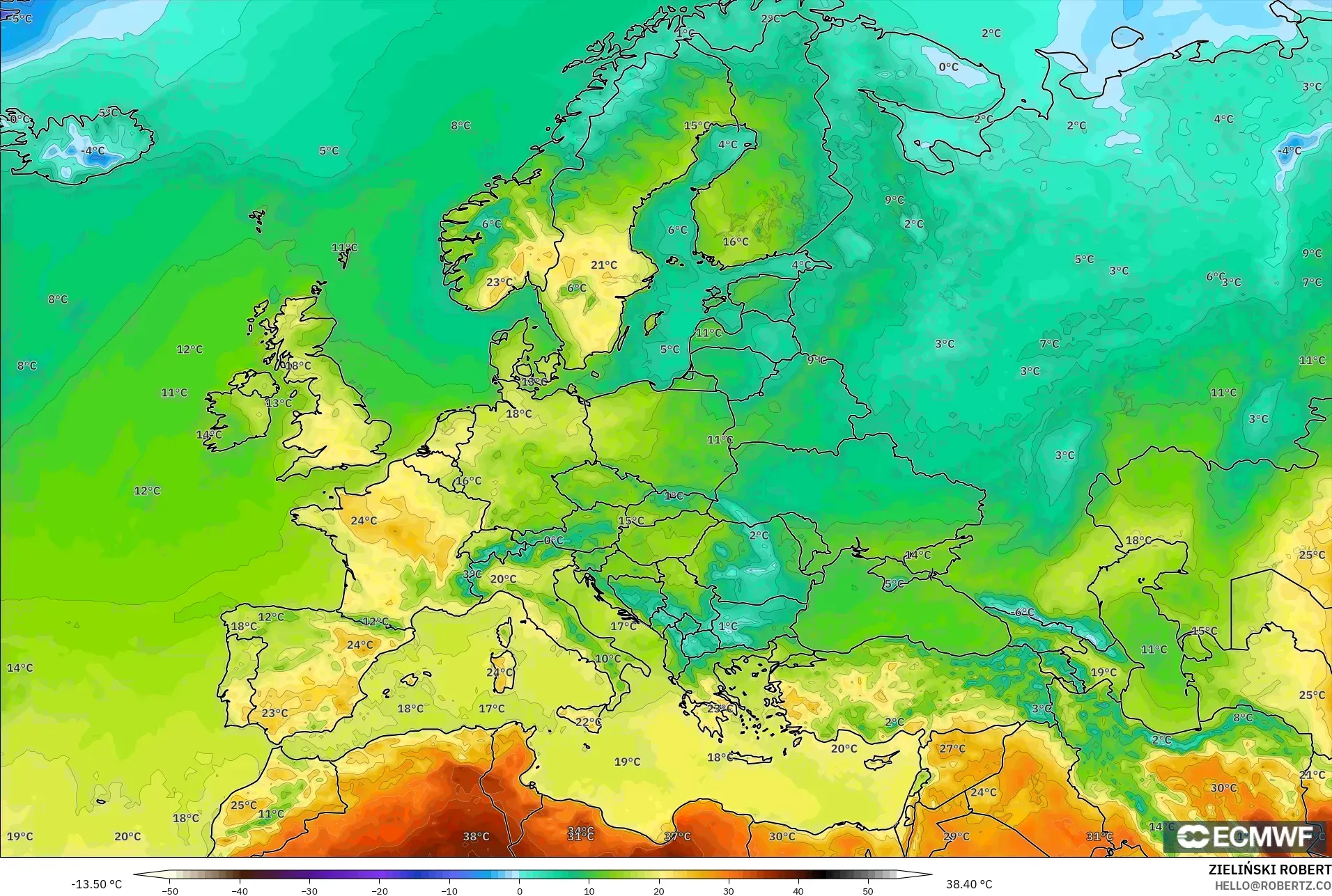 ECMWF IFS 0.25° model - Avrupa, 2 m Sıcaklık