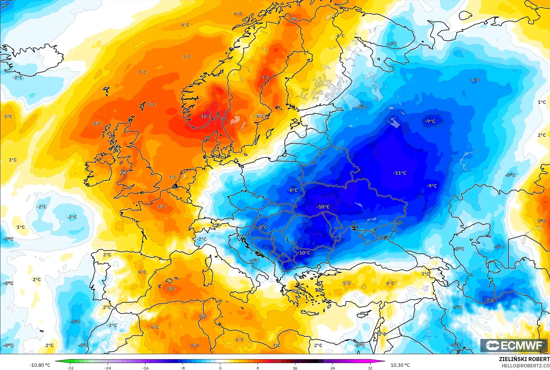 ECMWF IFS 0.25° model - Avrupa, 850 hPa Sıcaklık Anomalisi