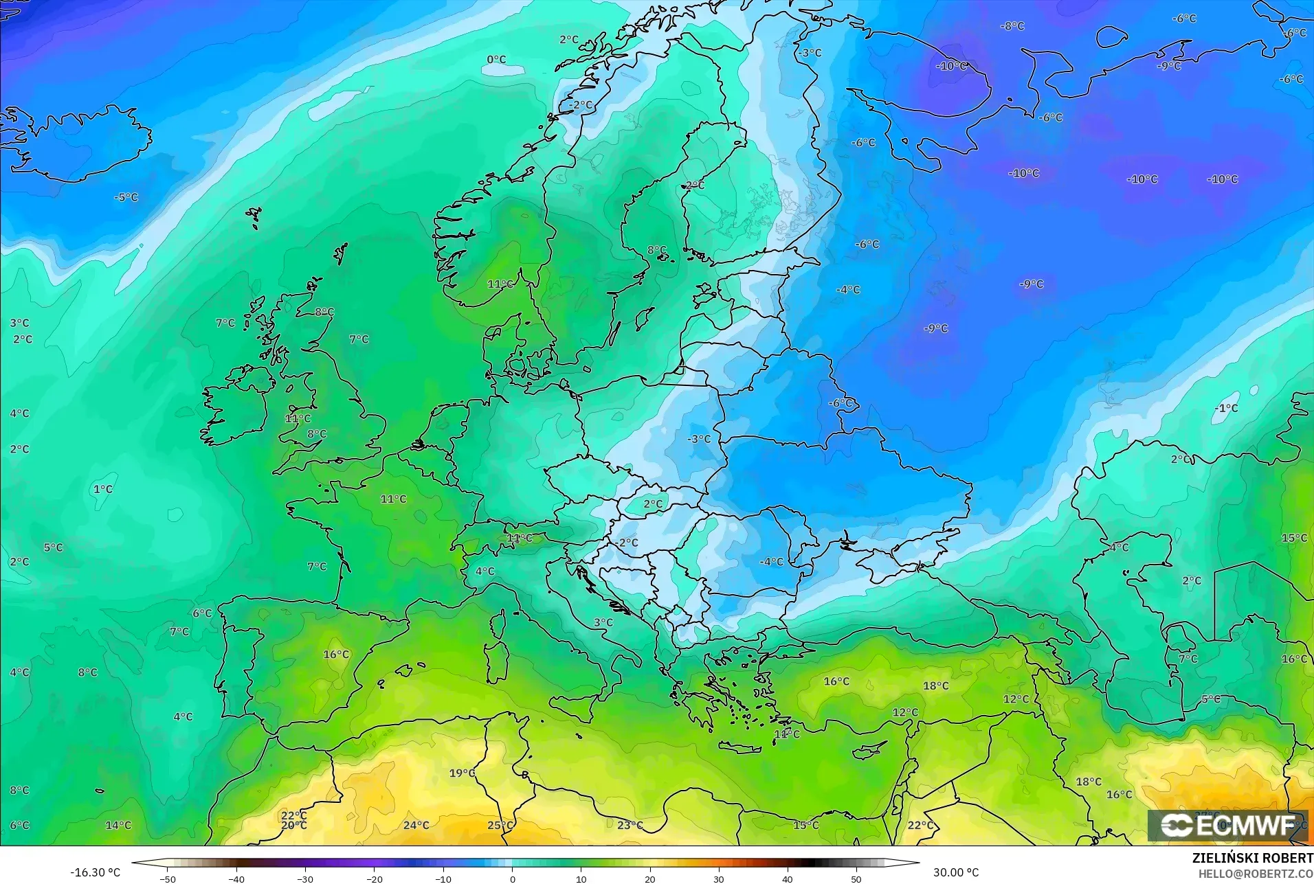 ECMWF IFS 0.25° model - Avrupa, 850 hPa Sıcaklık