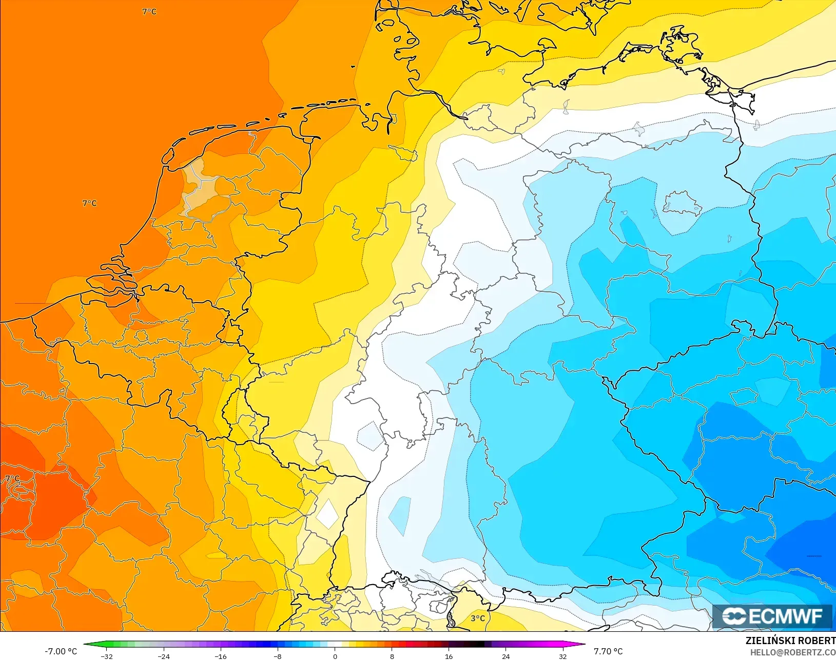 ECMWF IFS 0.25° model - Almanya, 850 hPa Sıcaklık Anomalisi