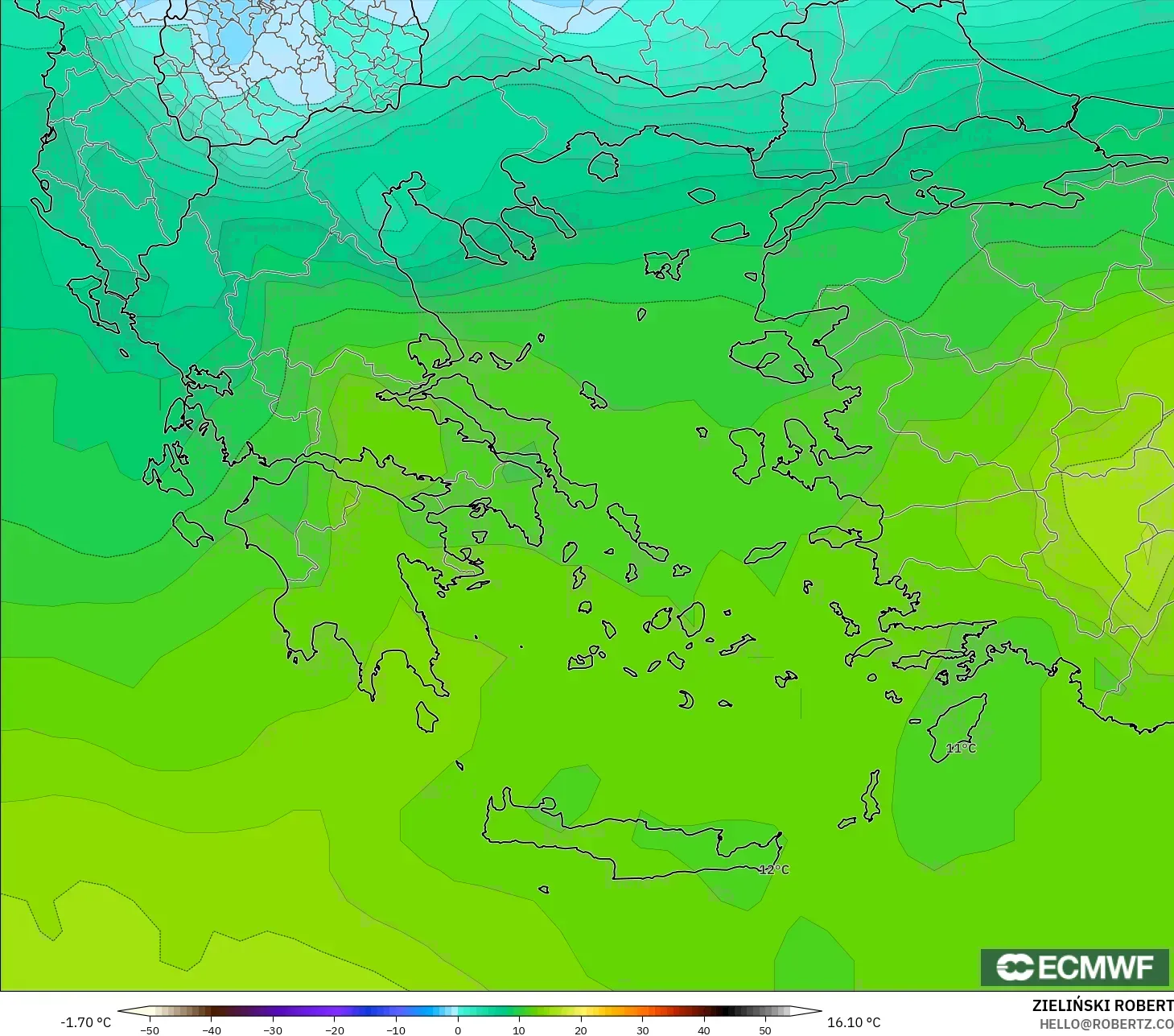 ECMWF IFS 0.25° model - Yunanistan, 850 hPa Sıcaklık