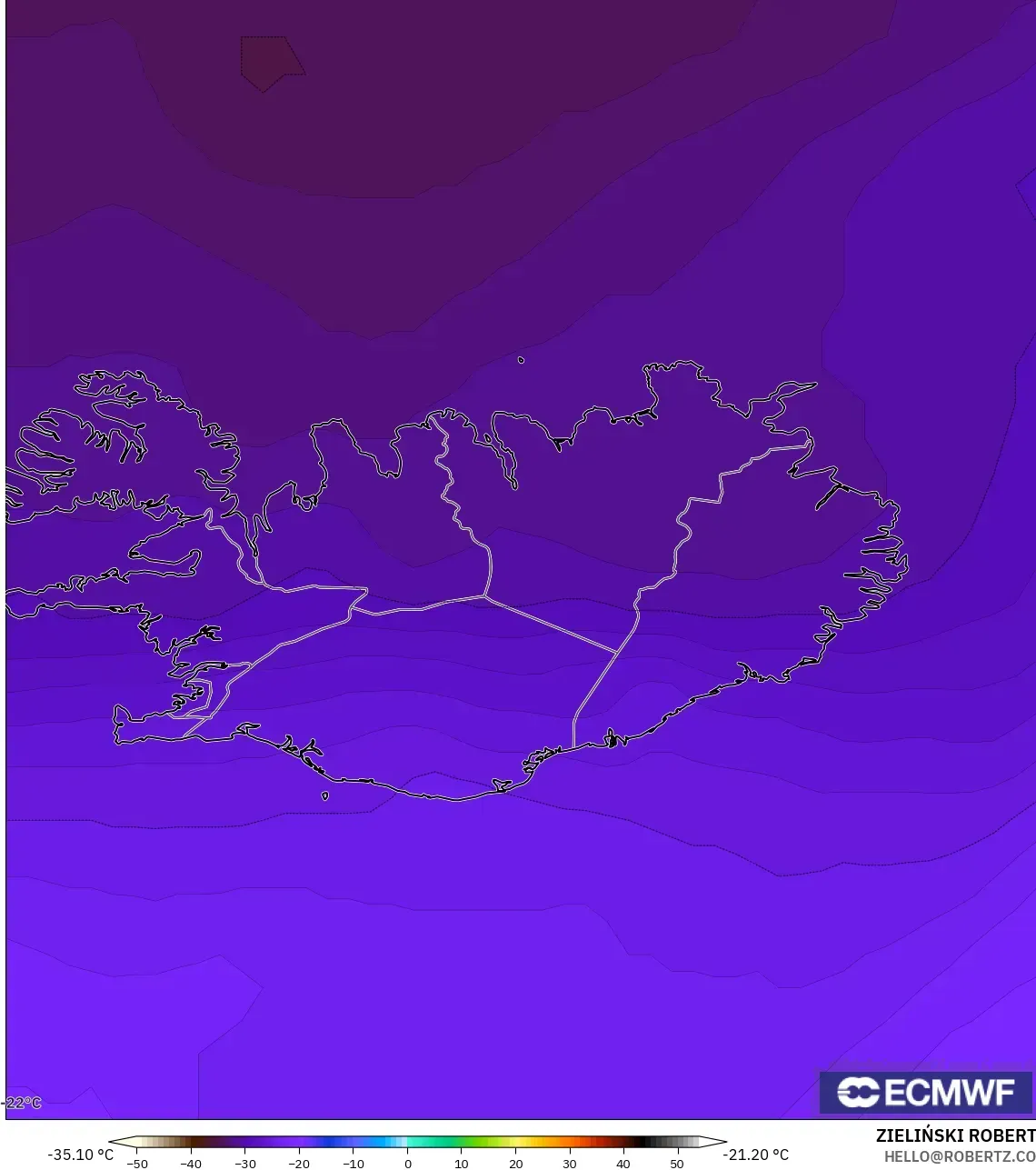 ECMWF IFS 0.25° model - İzlanda, 500 hPa Sıcaklık