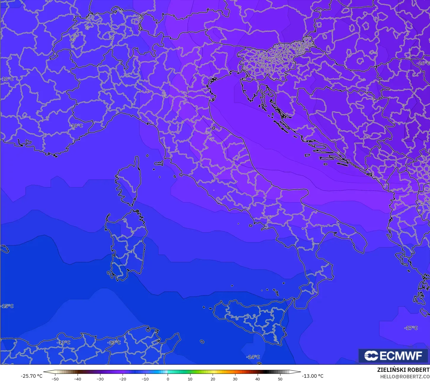 ECMWF IFS 0.25° model - İtalya, 500 hPa Sıcaklık