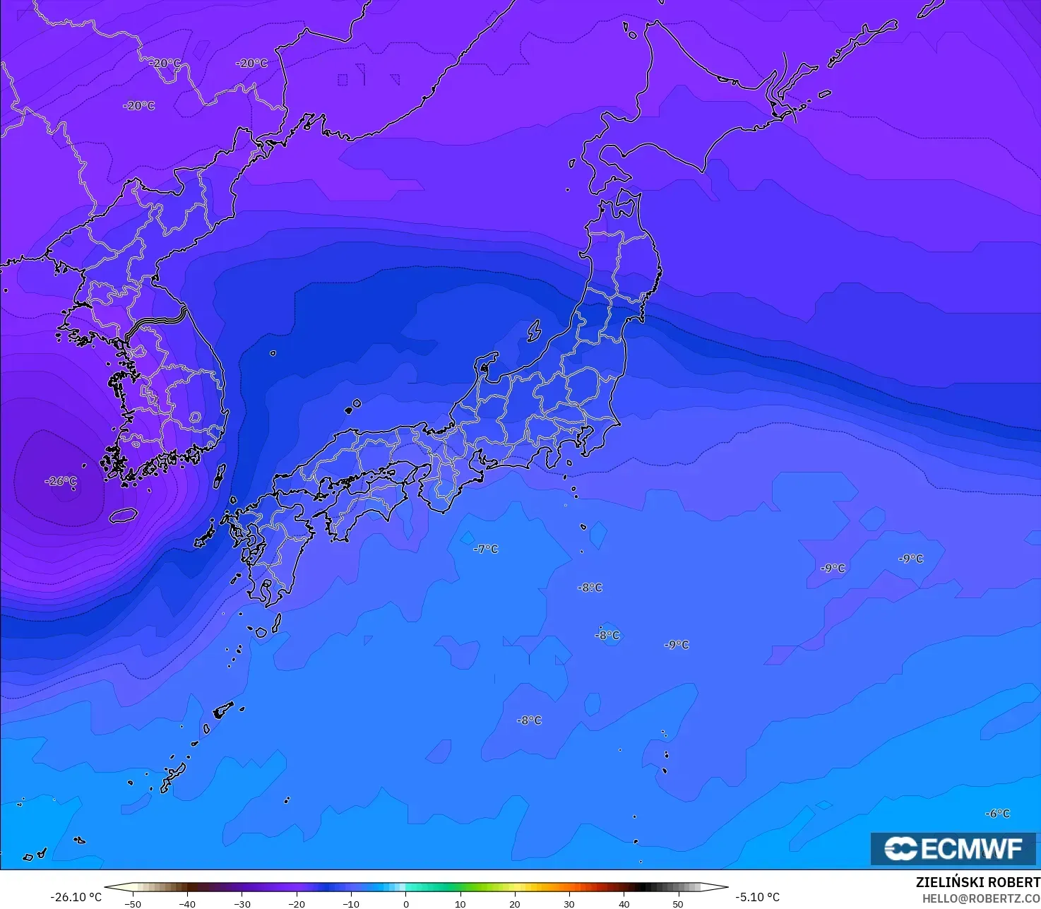 ECMWF IFS 0.25° model - Japonya, 500 hPa Sıcaklık