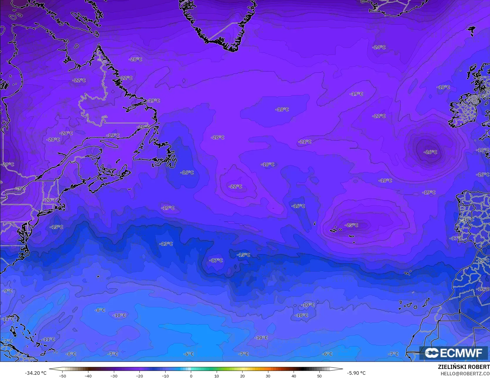 ECMWF IFS 0.25° model - Kuzey Atlantik, 500 hPa Sıcaklık