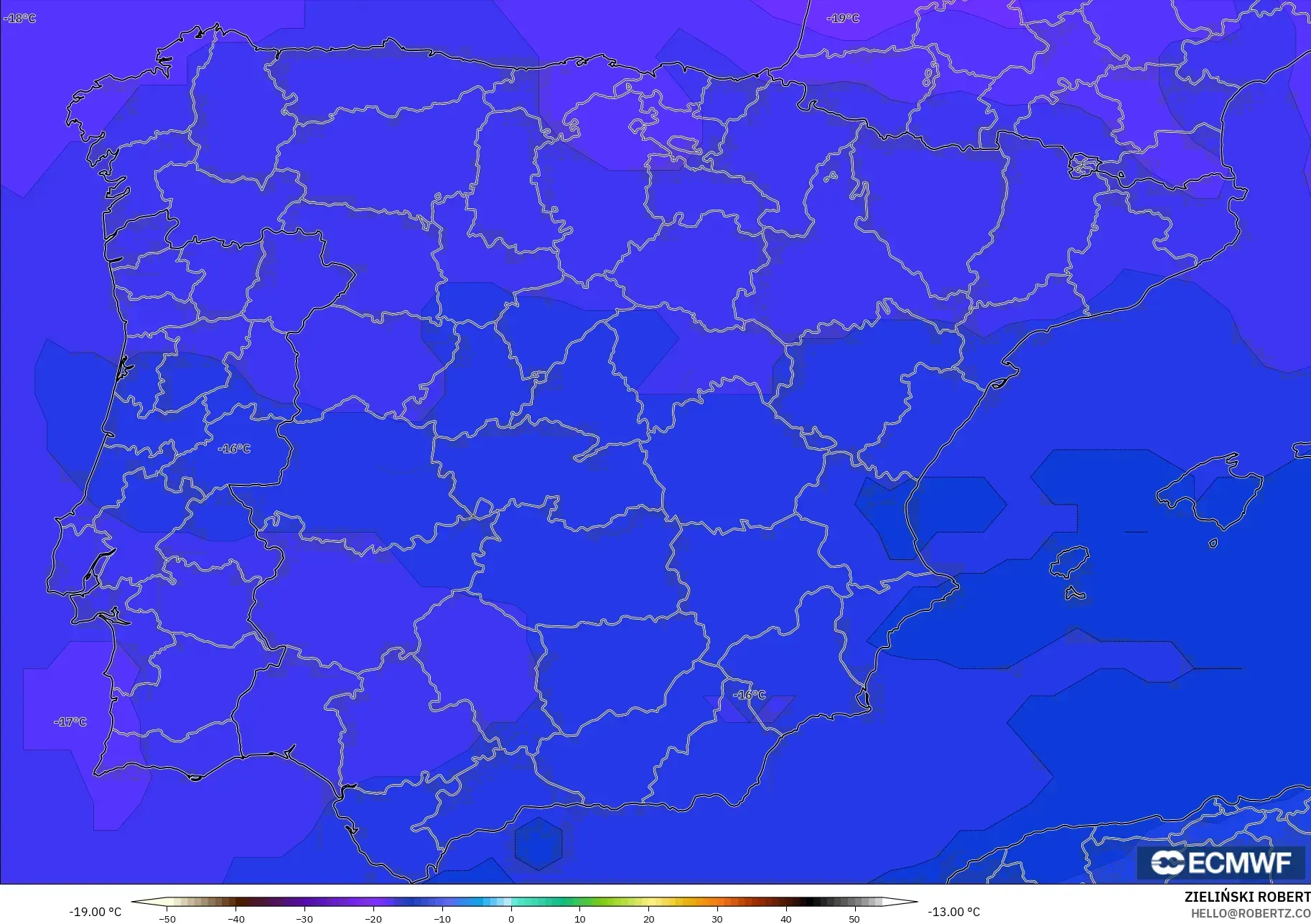 ECMWF IFS 0.25° model - İspanya, 500 hPa Sıcaklık