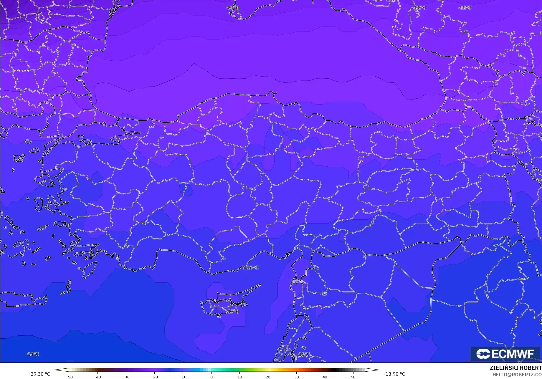 ECMWF IFS 0.25° model - Türkiye, 500 hPa Sıcaklık