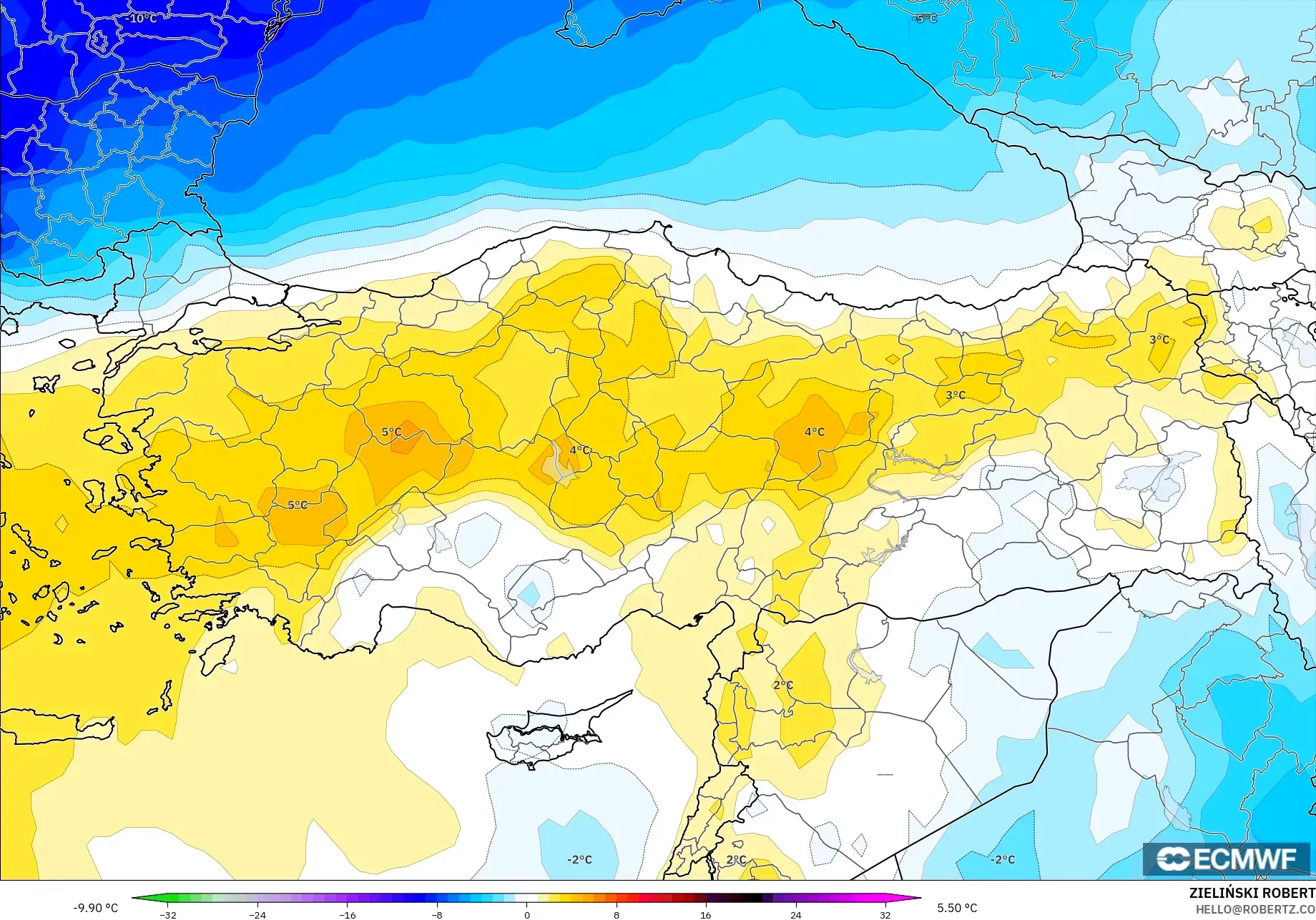 ECMWF IFS 0.25° model - Türkiye, 850 hPa Sıcaklık Anomalisi
