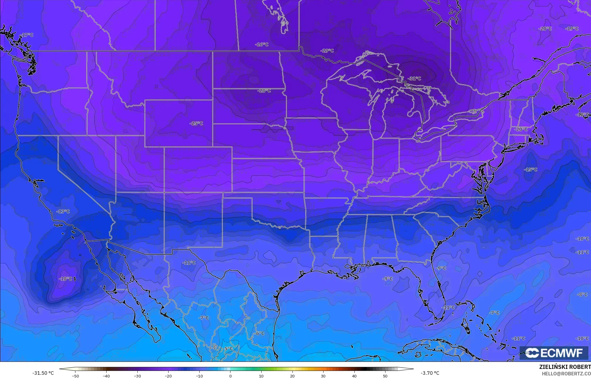 ECMWF IFS 0.25° model - Amerika Birleşik Devletleri, 500 hPa Sıcaklık
